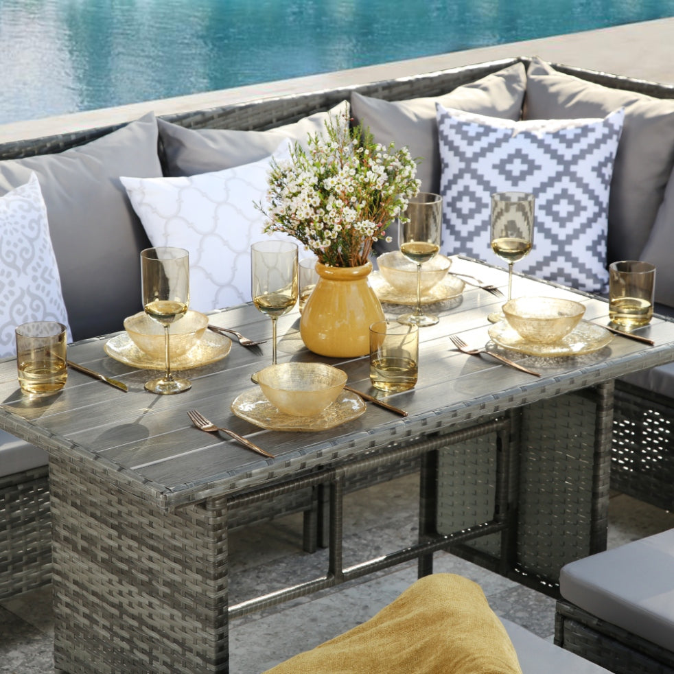 Thalia Rattan 8-Seater Corner Dining Sofa with Plywood or Glass Table