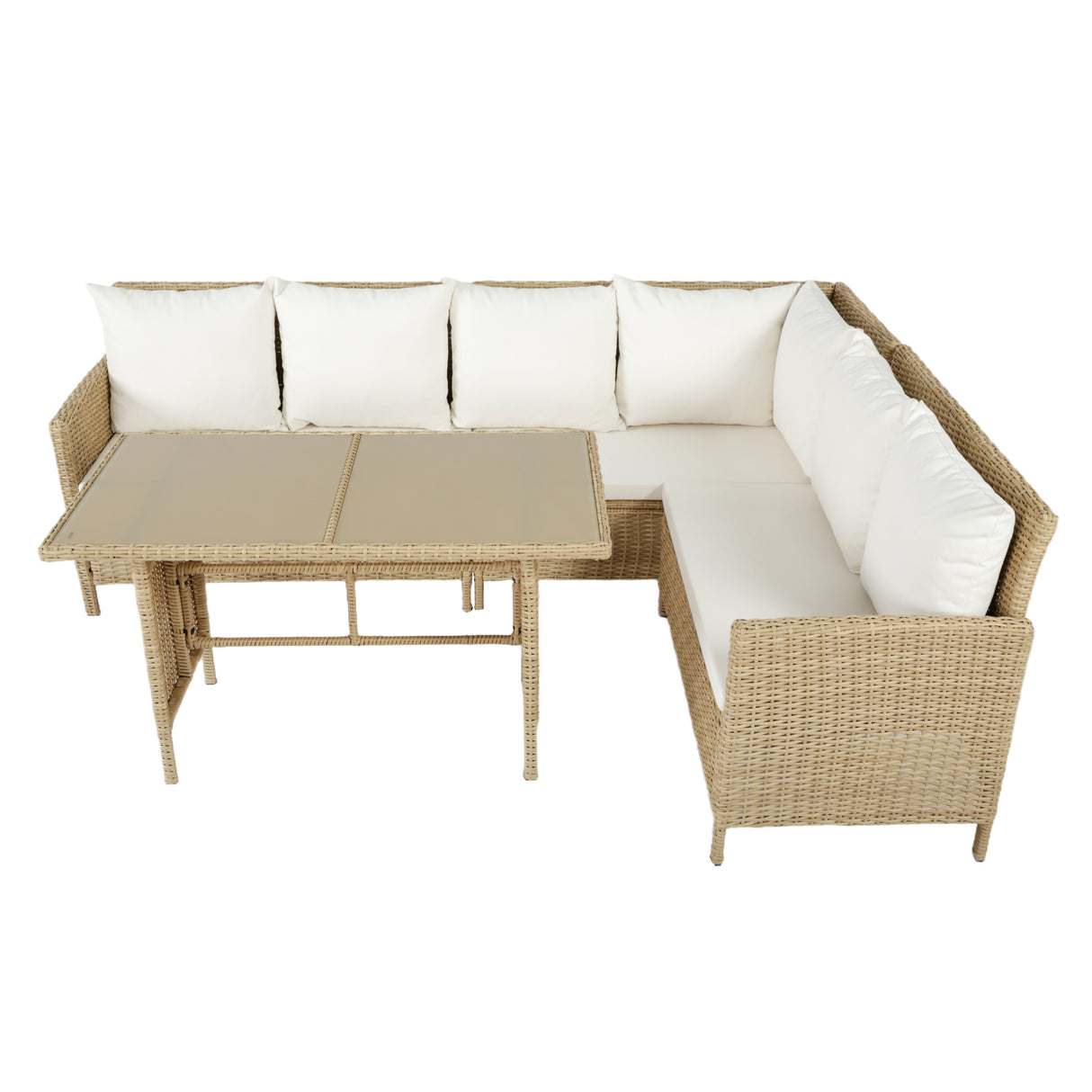 Alia Rattan Garden Corner 6 Seater Outdoor Sofa Dining Set with Glass Table - Natural/Grey