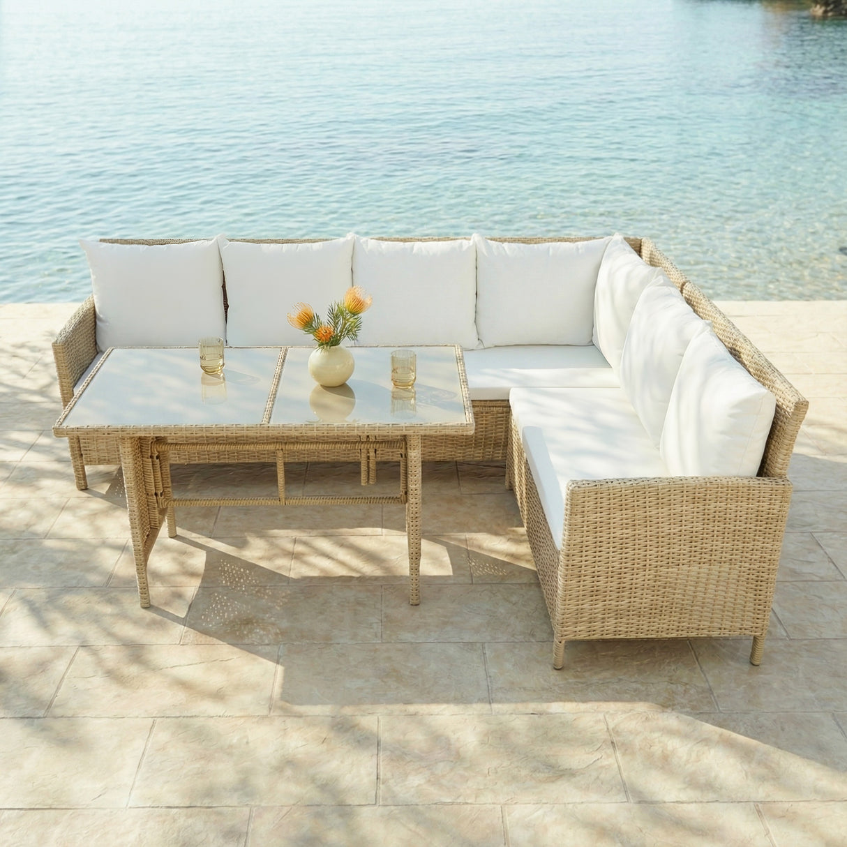 Alia Rattan Garden Corner 6 Seater Outdoor Sofa Dining Set with Glass Table - Natural/Grey