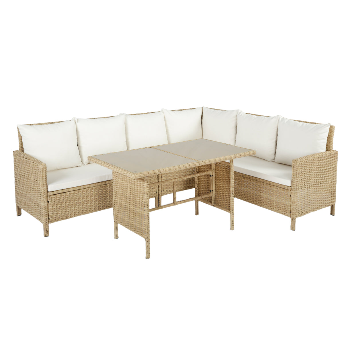 Alia Rattan Garden Corner 6 Seater Outdoor Sofa Dining Set with Glass Table - Natural/Grey