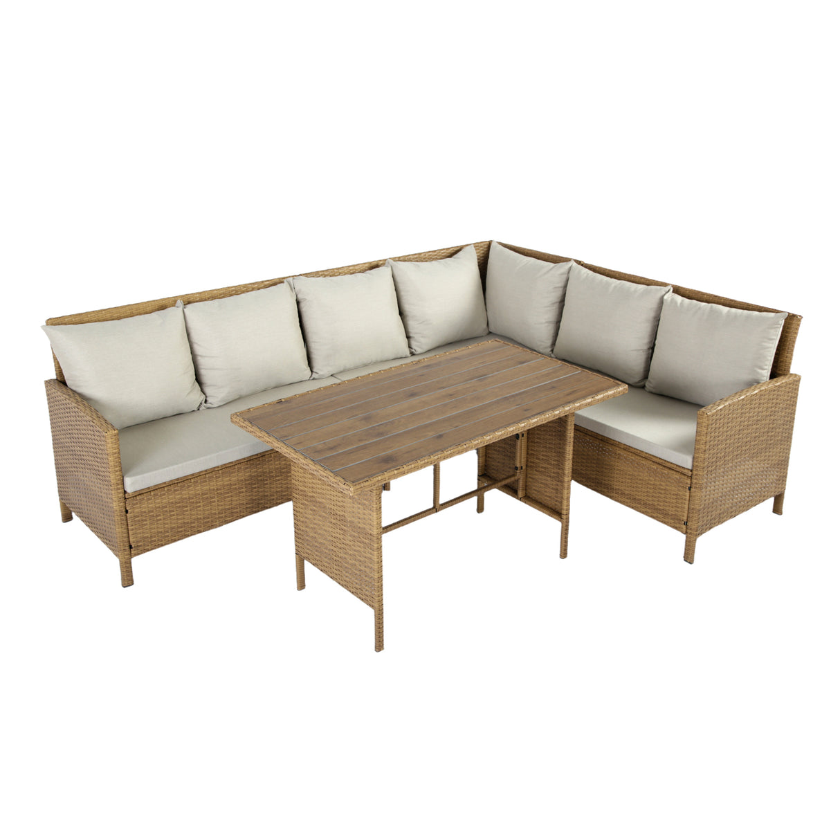 Alia Rattan Garden Corner 6 Seater Outdoor Dining Sofa Set with Polywood Table - Brown