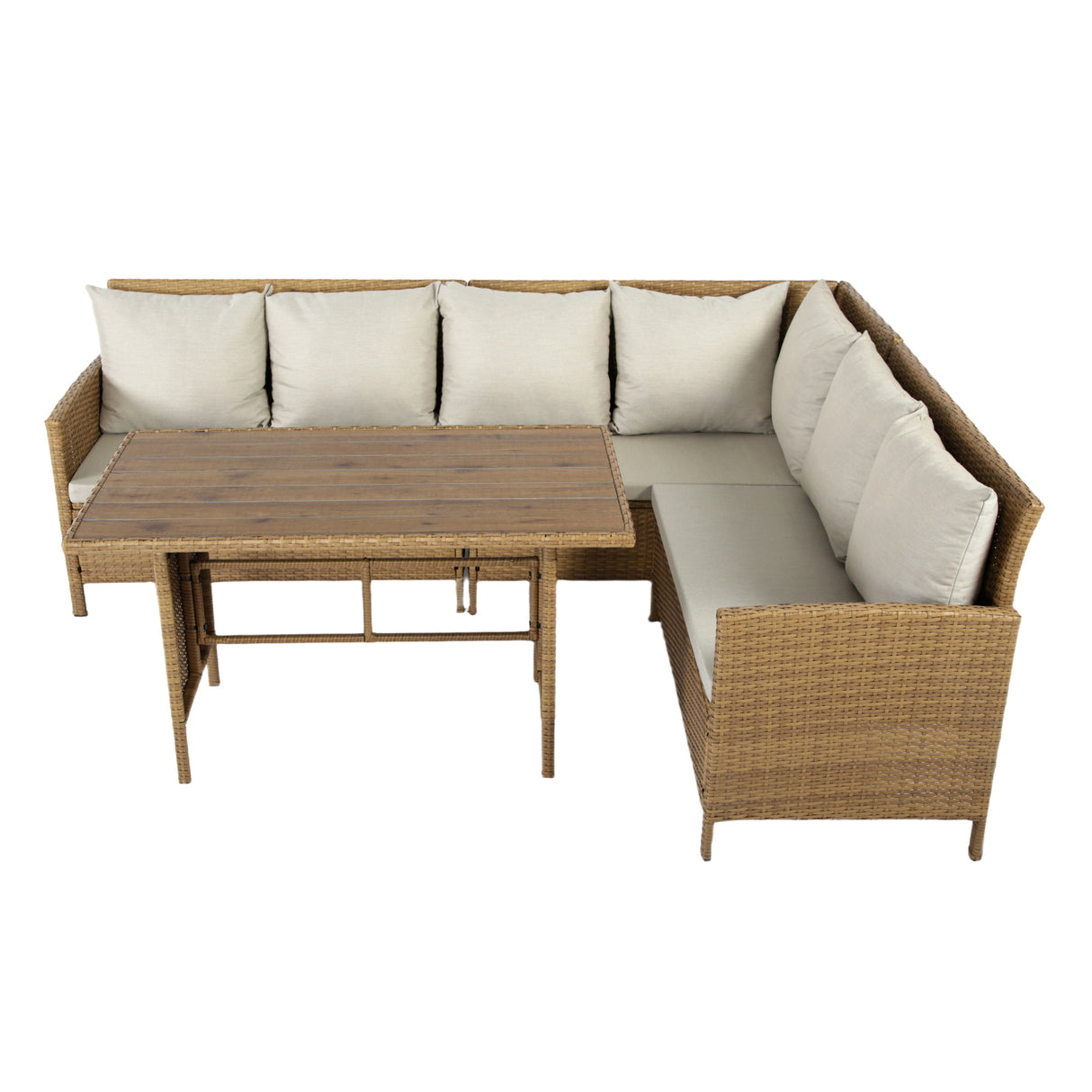 Alia Rattan Garden Corner 6 Seater Outdoor Dining Sofa Set with Polywood Table - Brown