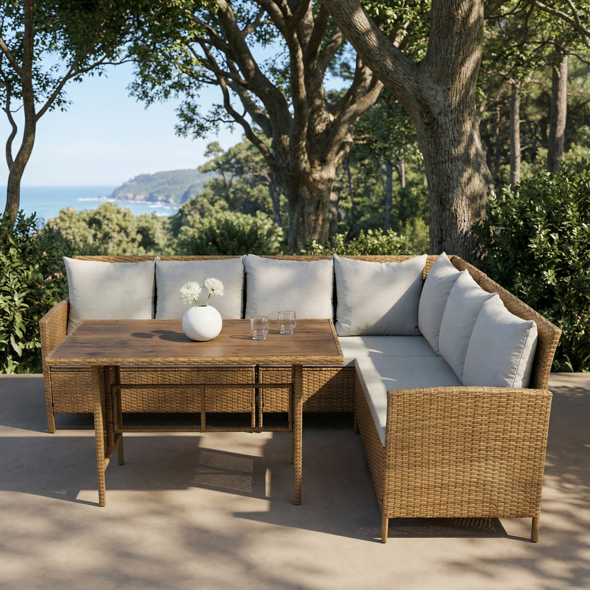 Alia Rattan Garden Corner 6 Seater Outdoor Dining Sofa Set with Polywood Table - Brown