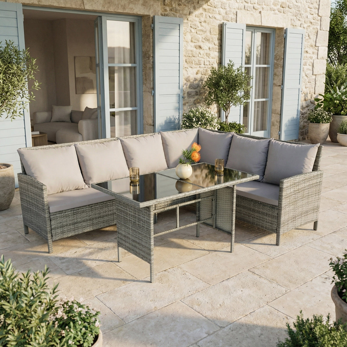 Alia Rattan Garden Corner 6 Seater Outdoor Sofa Dining Set with Glass Table - Natural/Grey
