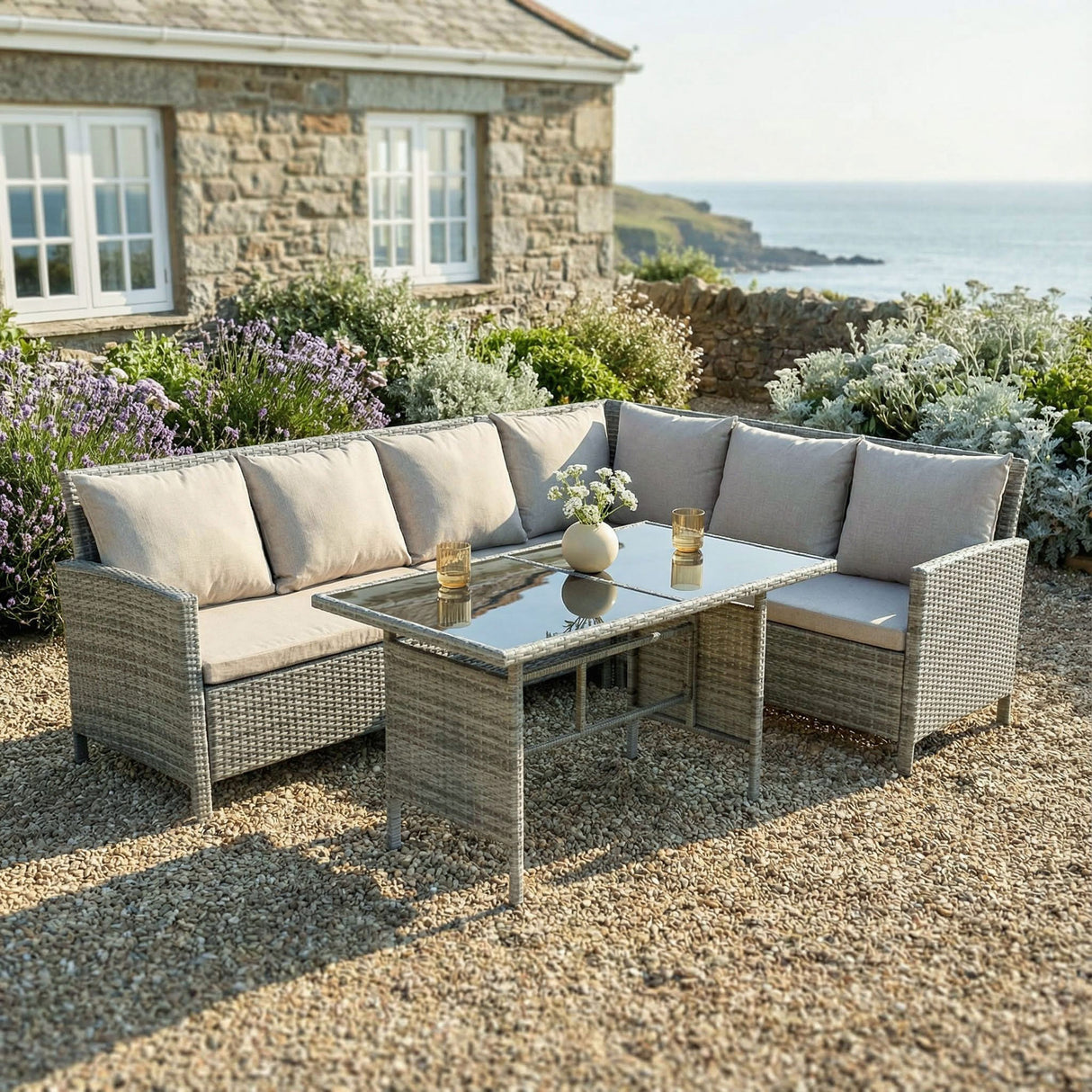 Alia Rattan Garden Corner 6 Seater Outdoor Sofa Dining Set with Glass Table - Natural/Grey