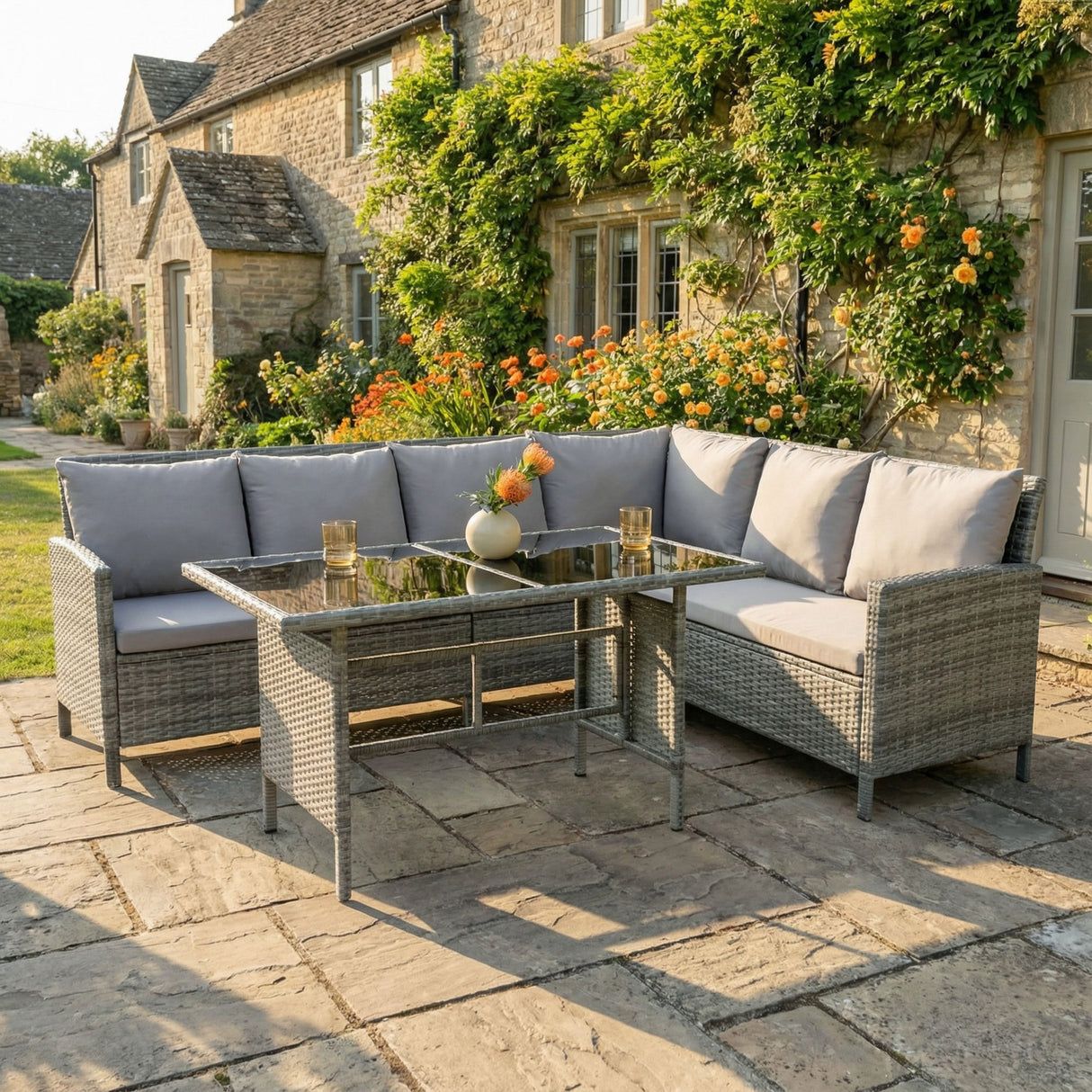 Alia Rattan Garden Corner 6 Seater Outdoor Sofa Dining Set with Glass Table - Natural/Grey