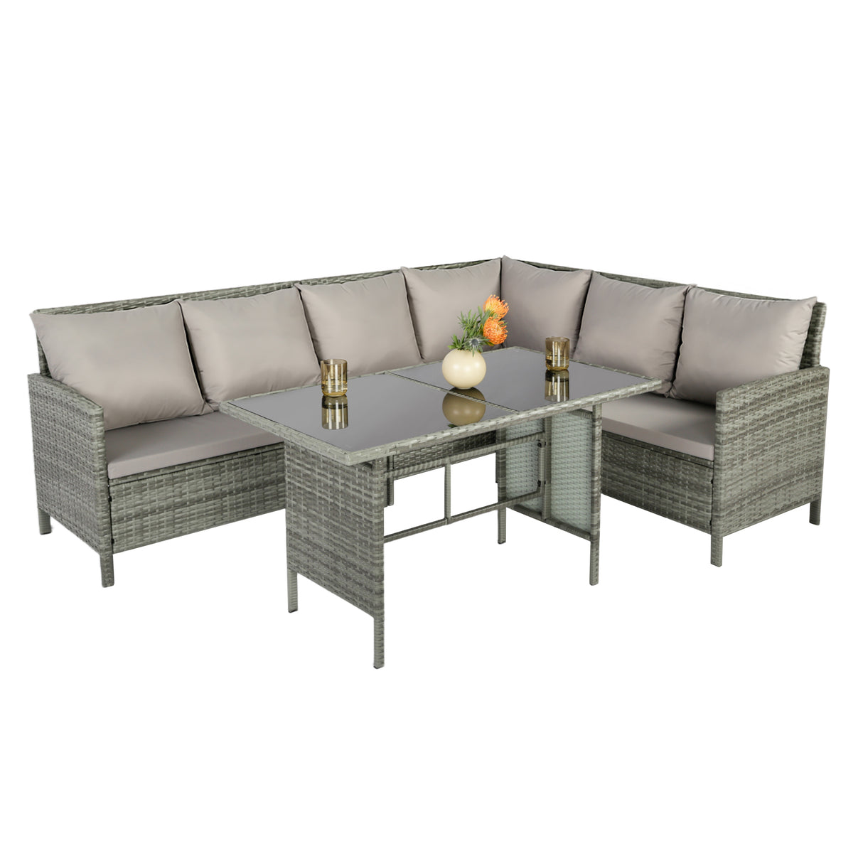 Alia Rattan Garden Corner 6 Seater Outdoor Sofa Dining Set with Glass Table - Natural/Grey