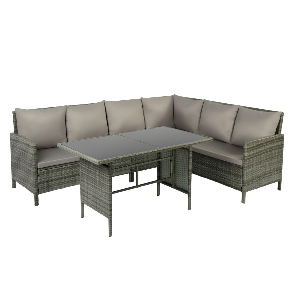 Alia Rattan Garden Corner 6 Seater Outdoor Sofa Dining Set with Glass Table - Natural/Grey