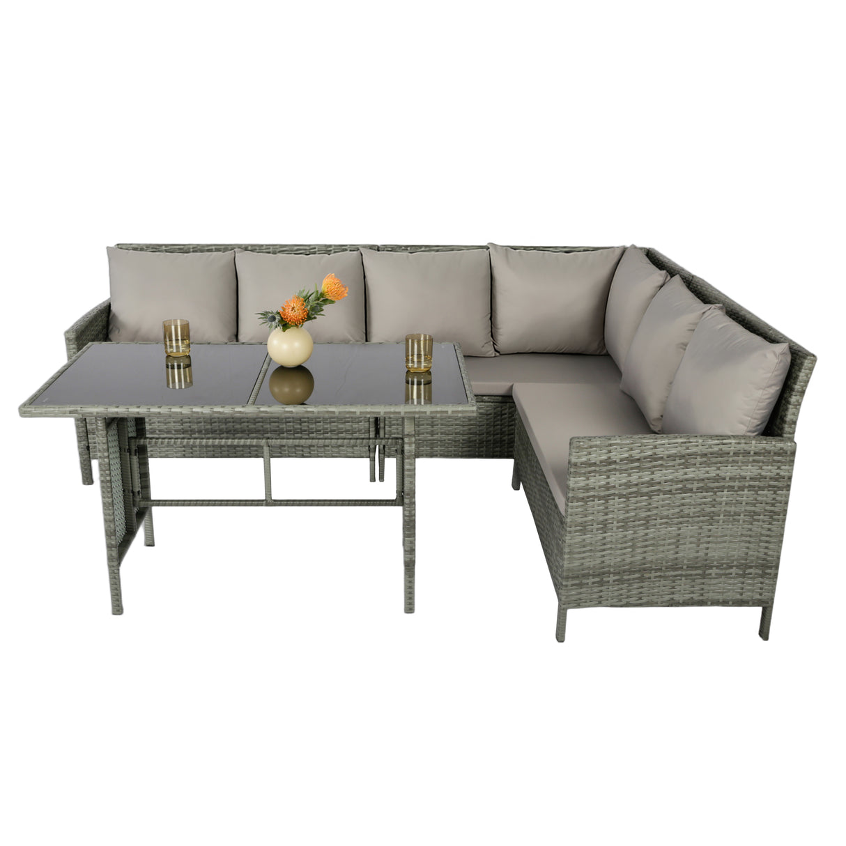 Alia Rattan Garden Corner 6 Seater Outdoor Sofa Dining Set with Glass Table - Natural/Grey