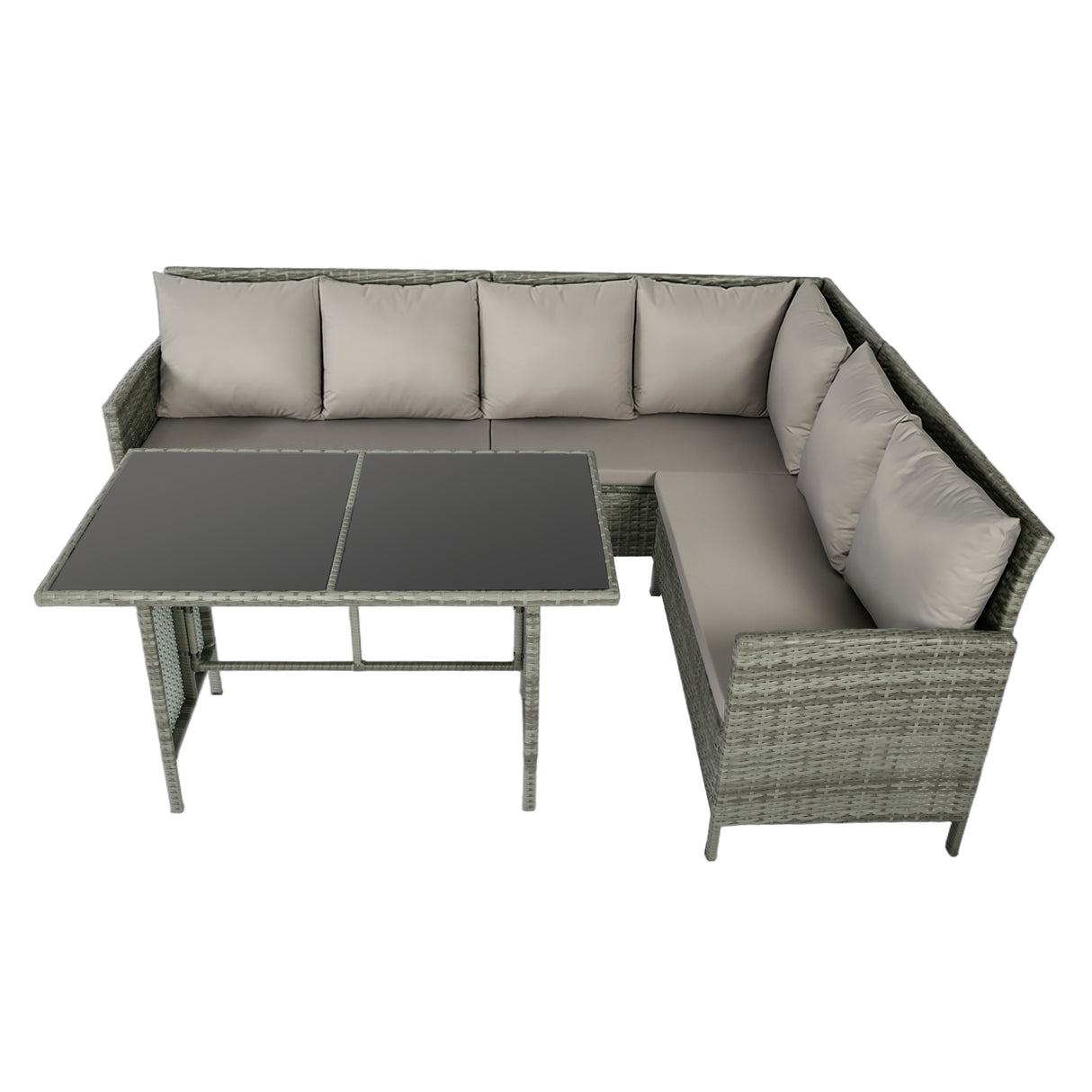 Alia Rattan Garden Corner 6 Seater Outdoor Sofa Dining Set with Glass Table - Natural/Grey