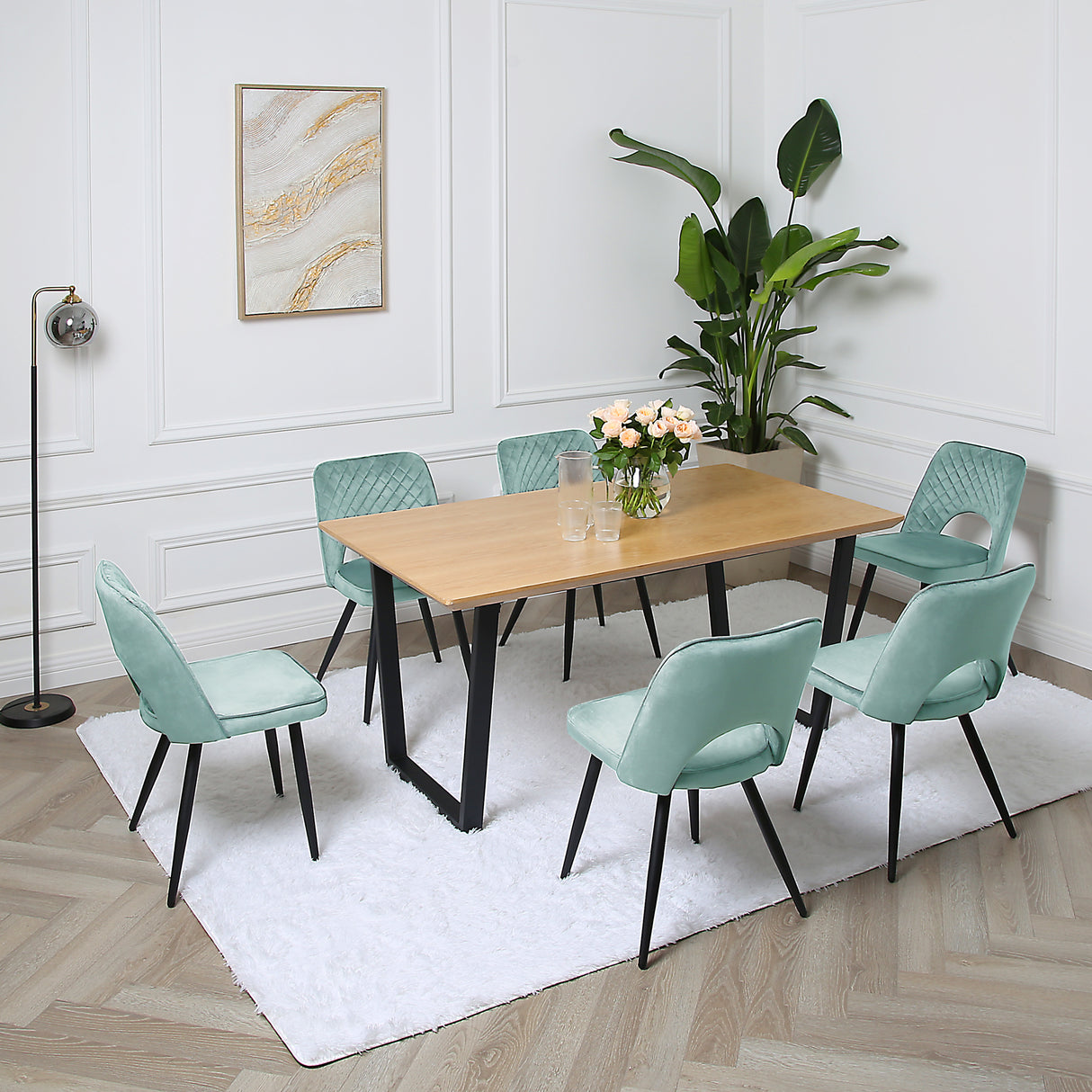 Metis Dining Set - Oak Table and Velvet Chairs