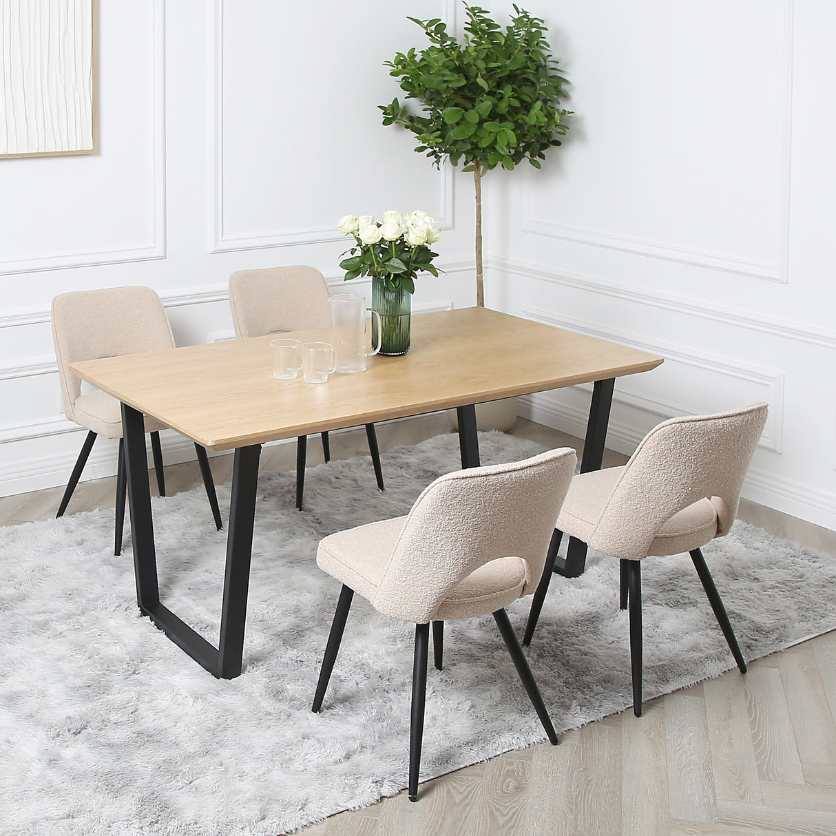 Thetis Dining Set - Oak Table with Boucle Chairs