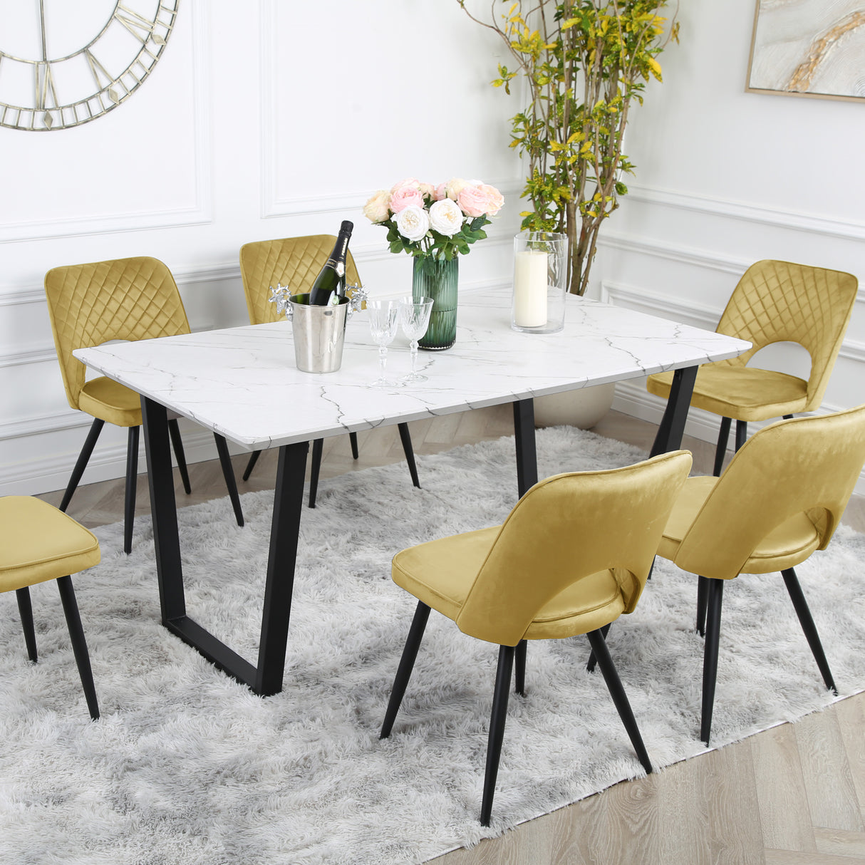 Metis Dining Set - Marble Table and Velvet Chairs