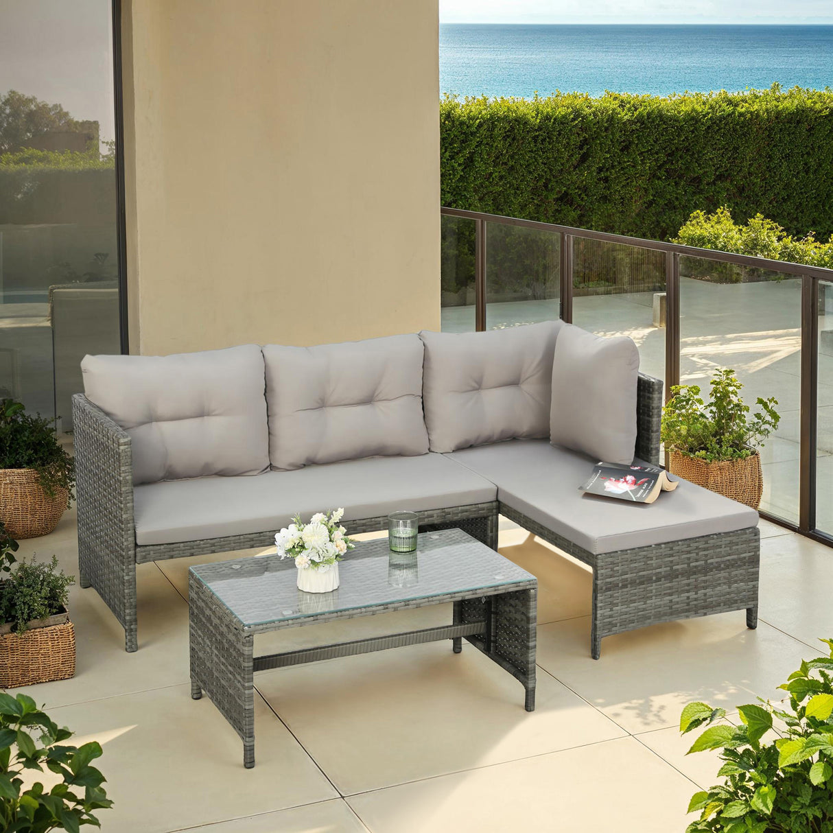 Bude - Rattan Corner Sofa Set with Coffee Table - Grey