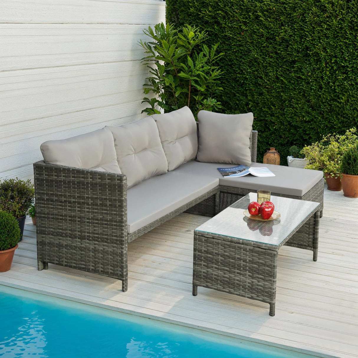 Bude - Rattan Corner Sofa Set with Coffee Table - Grey