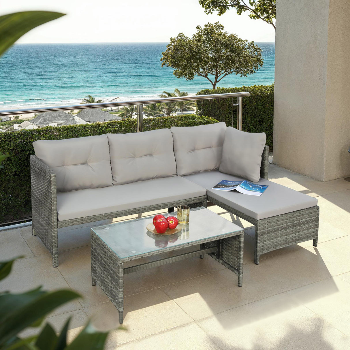 Bude - Rattan Corner Sofa Set with Coffee Table - Grey