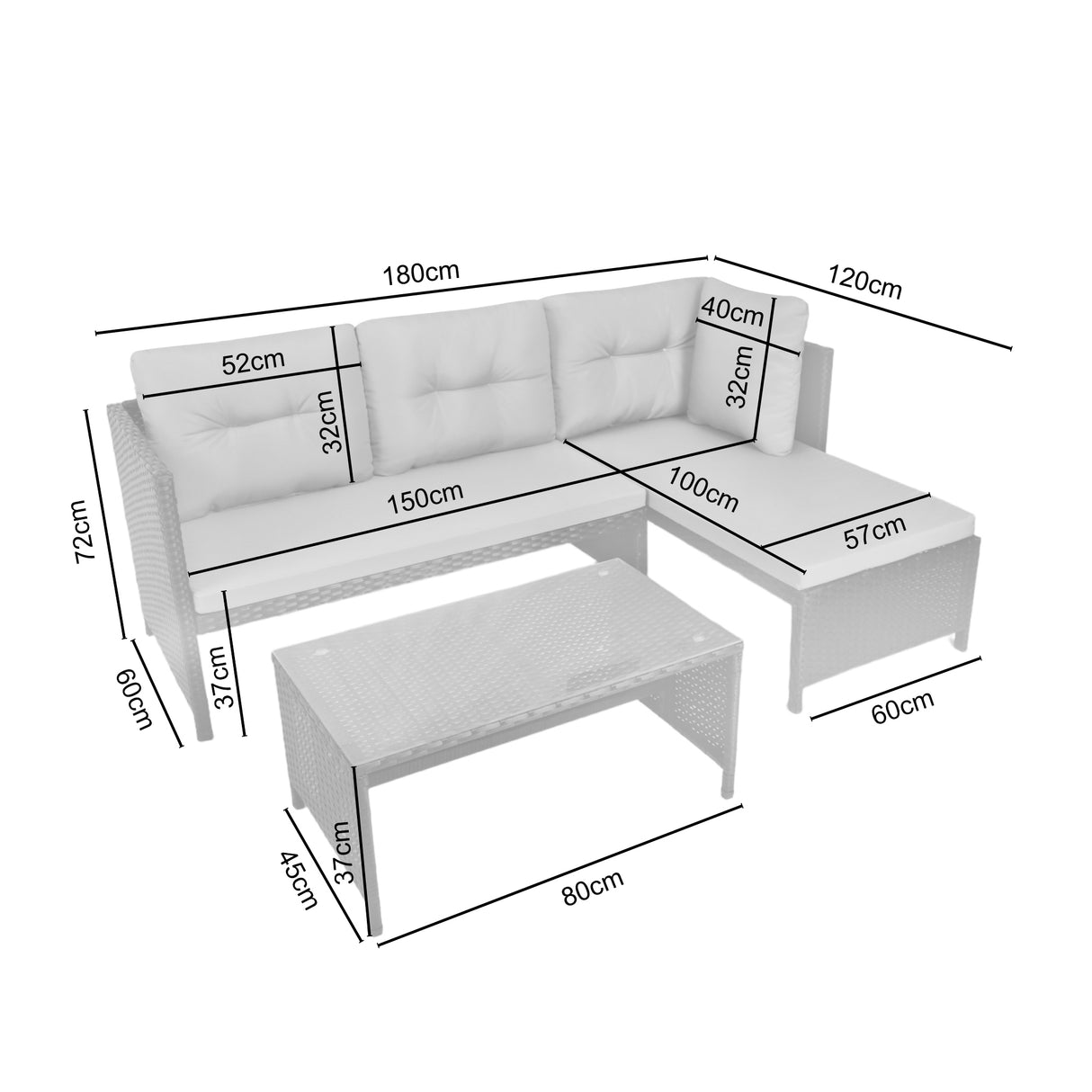 Bude - Rattan Corner Sofa Set with Coffee Table - Grey