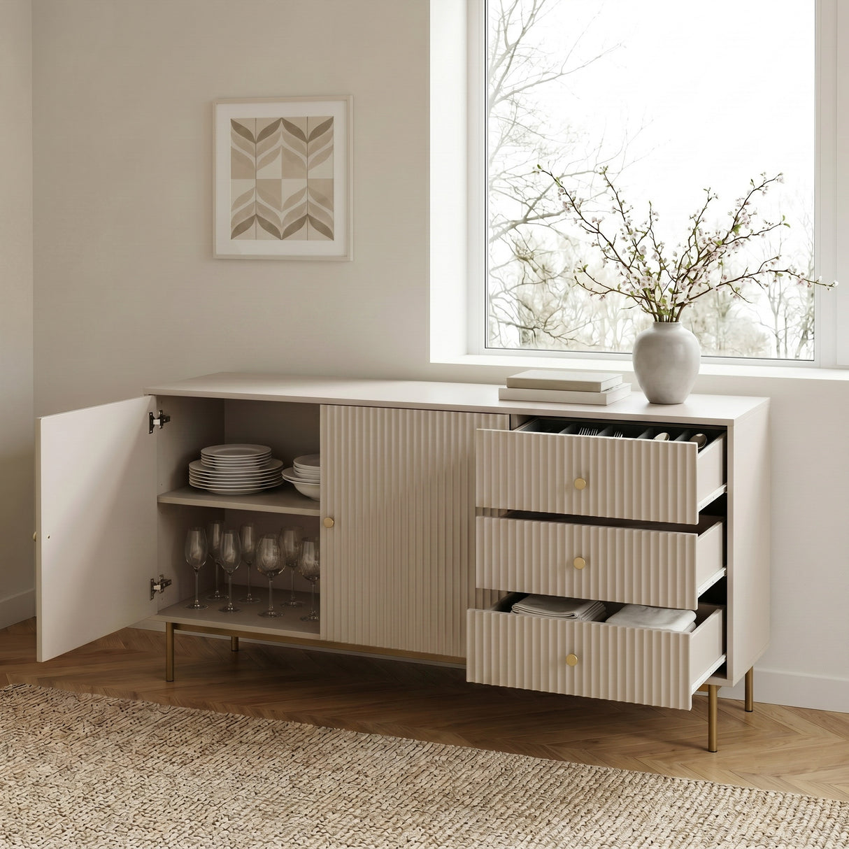 White Devon Large Sideboard with fluted doors and drawers open, gold handles and legs