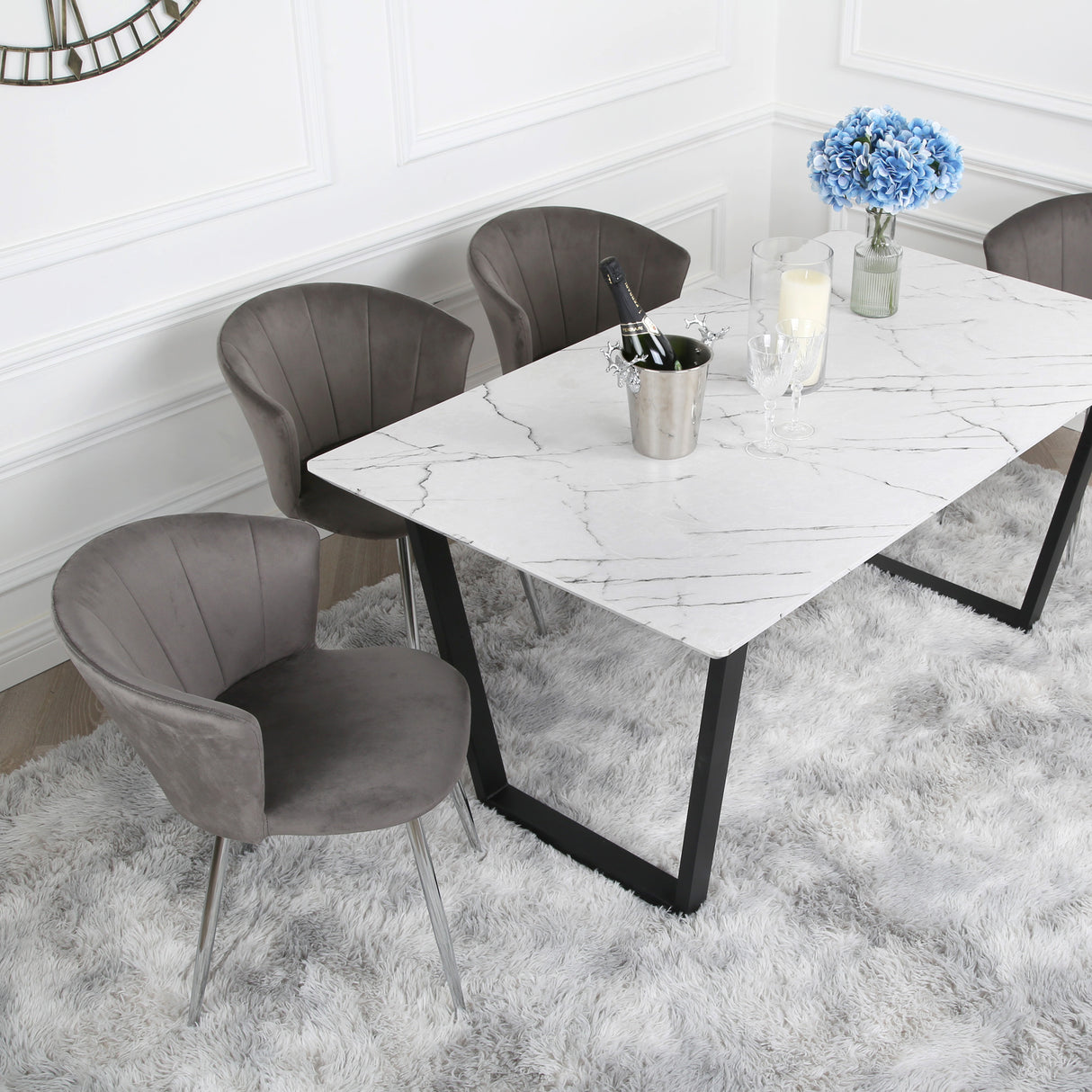 Dunelm Dining Set - Marble Table and Velvet Chairs