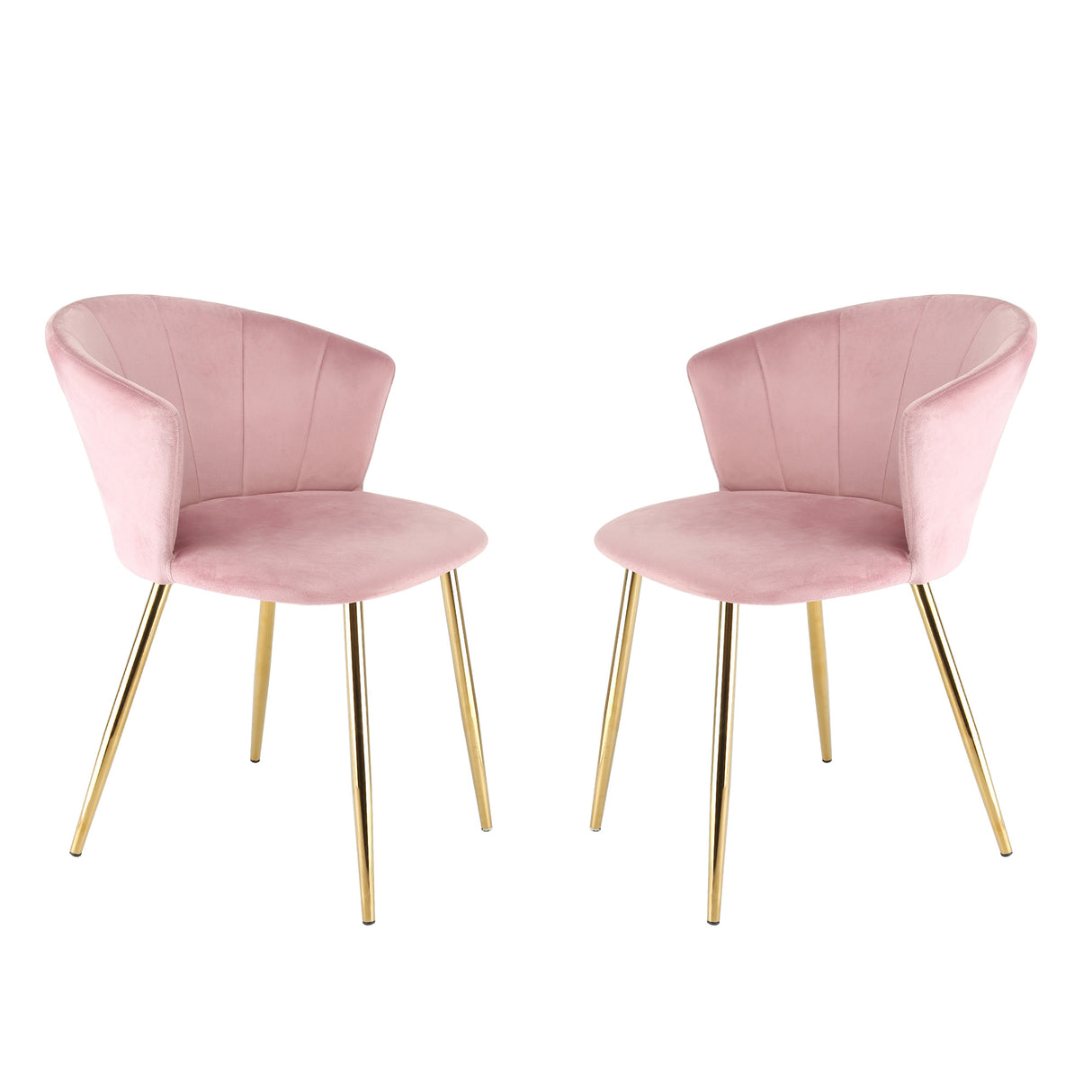 A pair of pink velvet dining chairs with curved backrests and gold-colored metal legs.