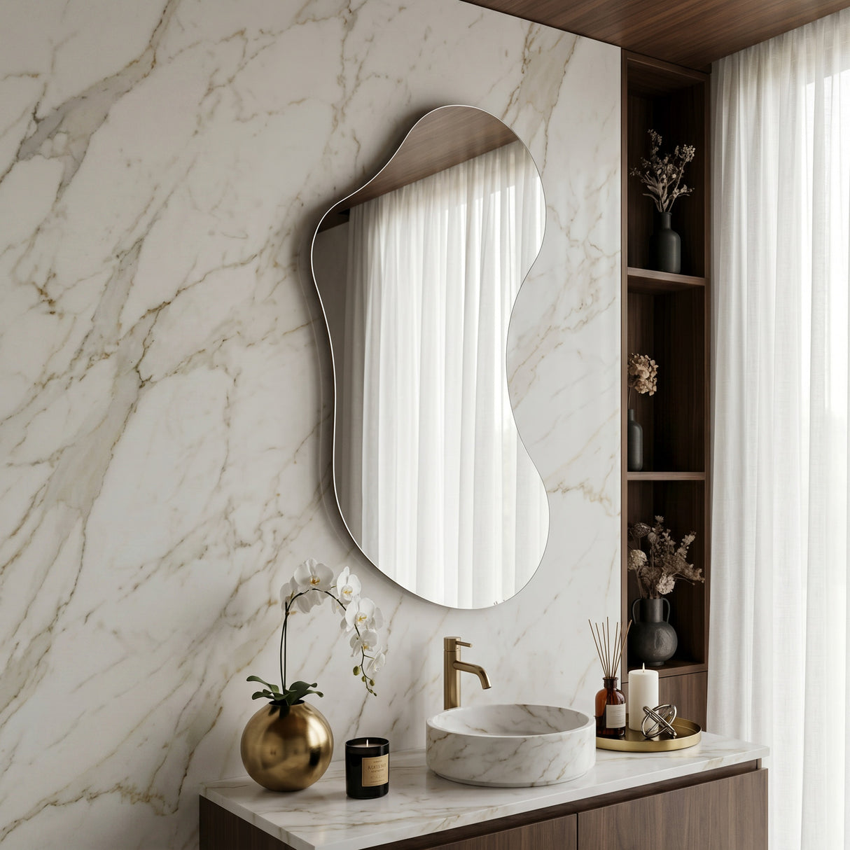 Lesina Frameless Pond Mirror styled above a bathroom vanity against a marble wall.
