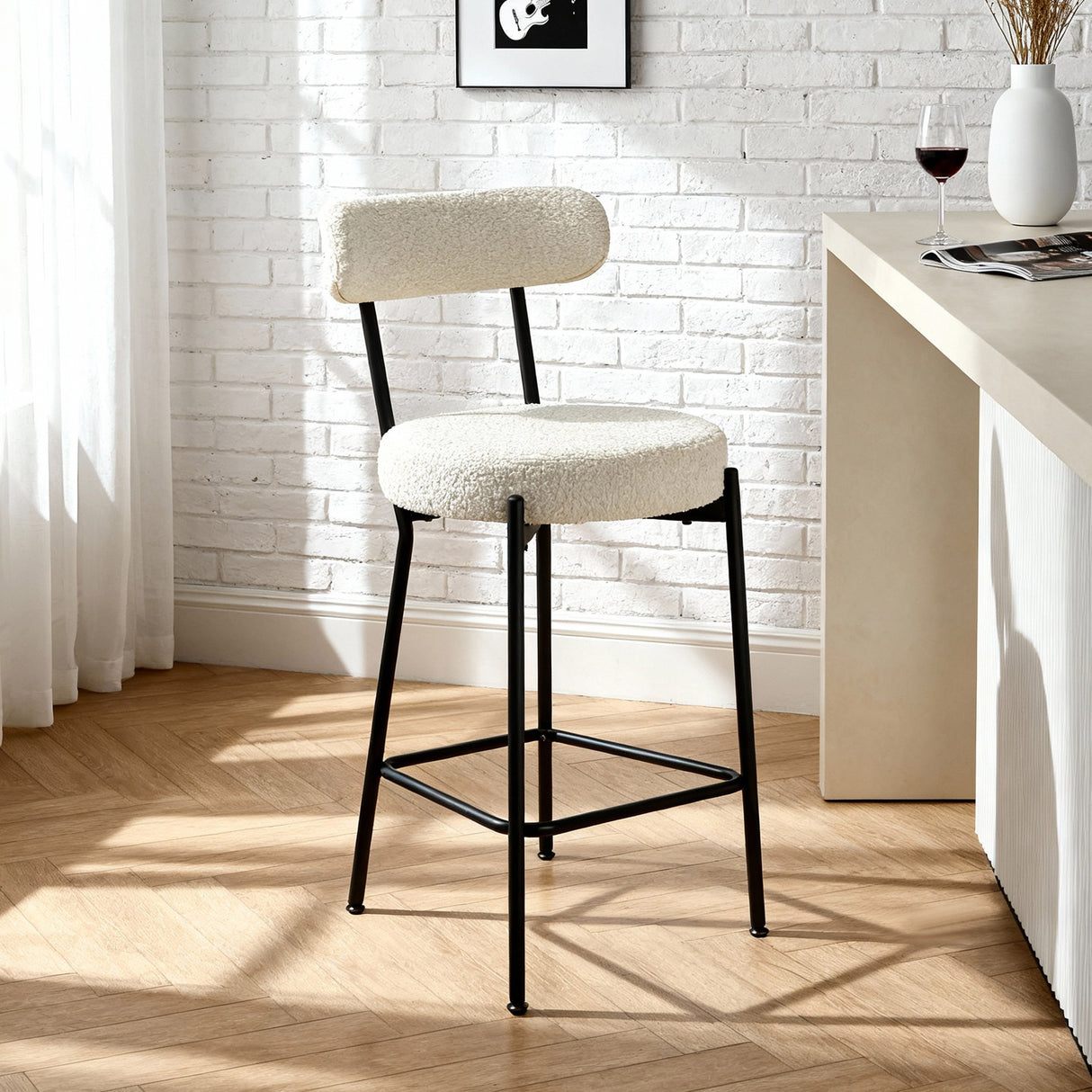 Long Lulu - Set of 2 Bar Stools in Boucle - Cream