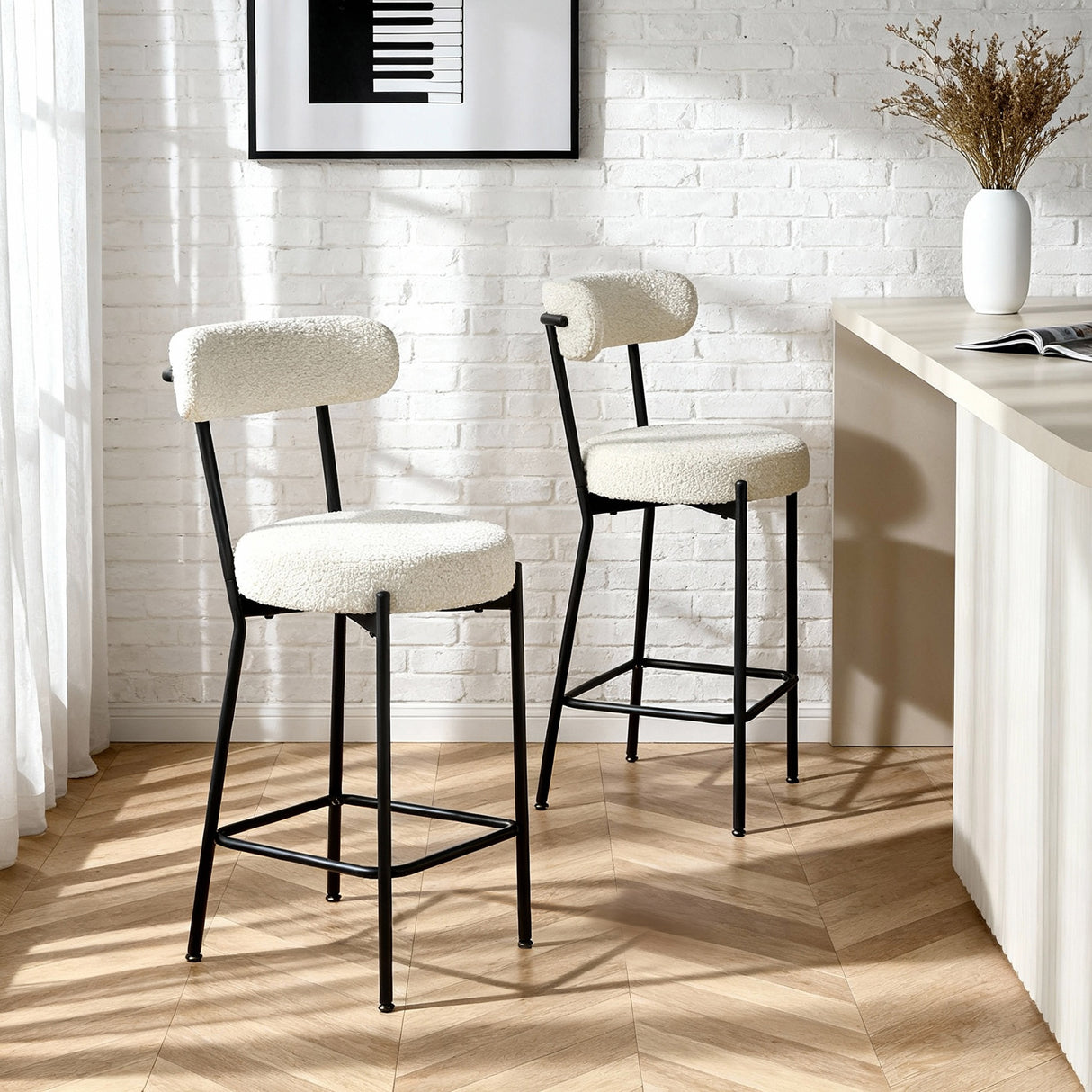 Long Lulu - Set of 2 Bar Stools in Boucle - Cream