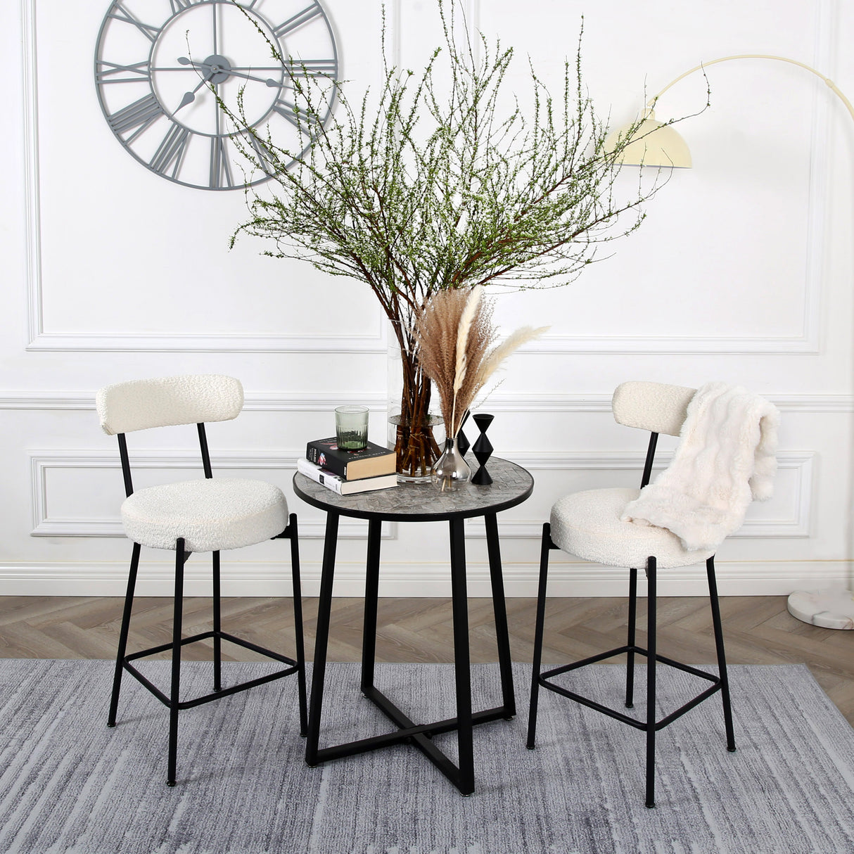 Long Lulu - Set of 2 Bar Stools in Boucle - Cream