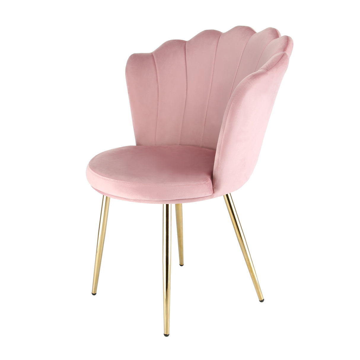 A pink velvet occasional chair with a floral-designed backrest and gold plated legs.