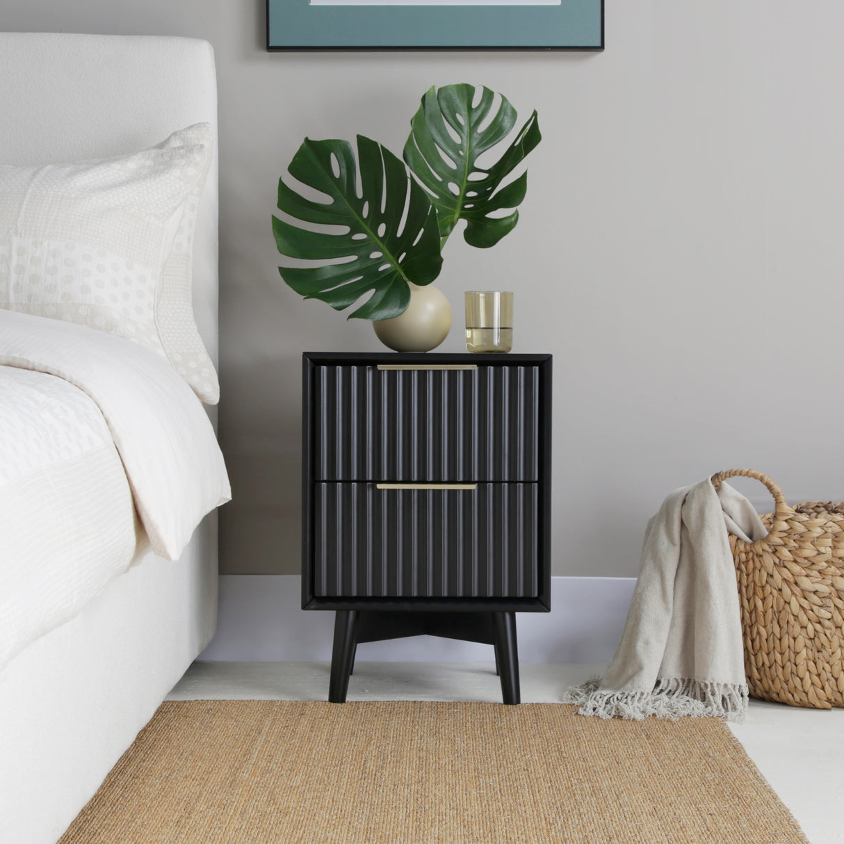 Monza – 2 Drawer Bedside Table with Fluted Front – Black or Pale Ash