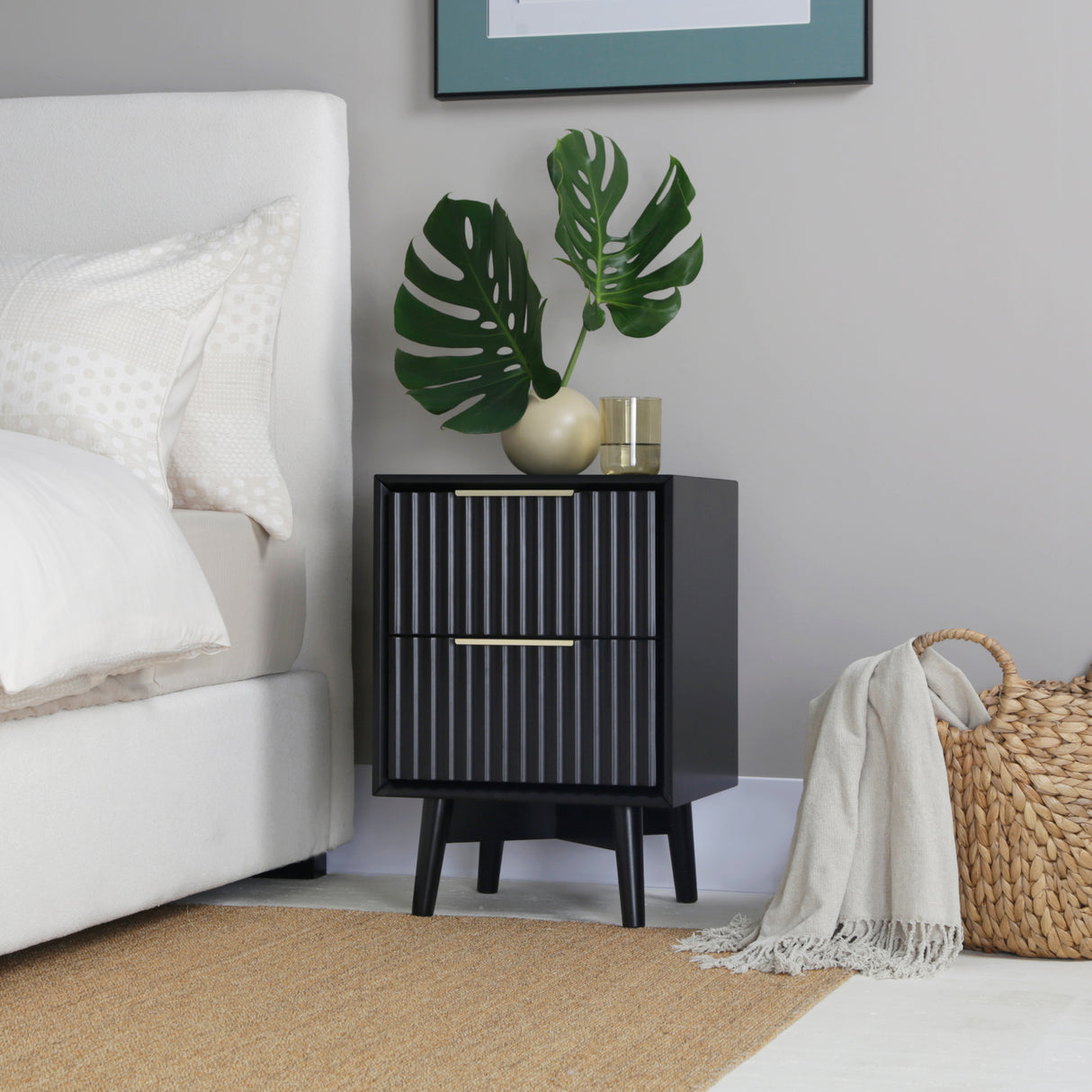 Monza – 2 Drawer Bedside Table with Fluted Front – Black or Pale Ash