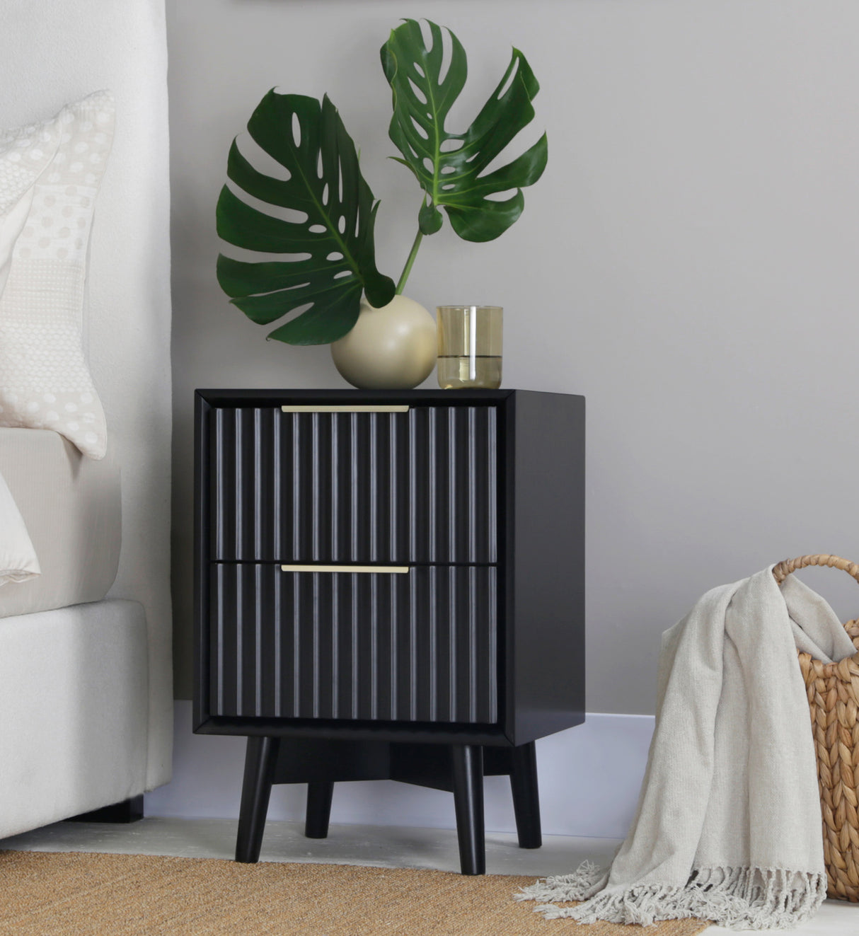 Monza – 2 Drawer Bedside Table with Fluted Front – Black or Pale Ash