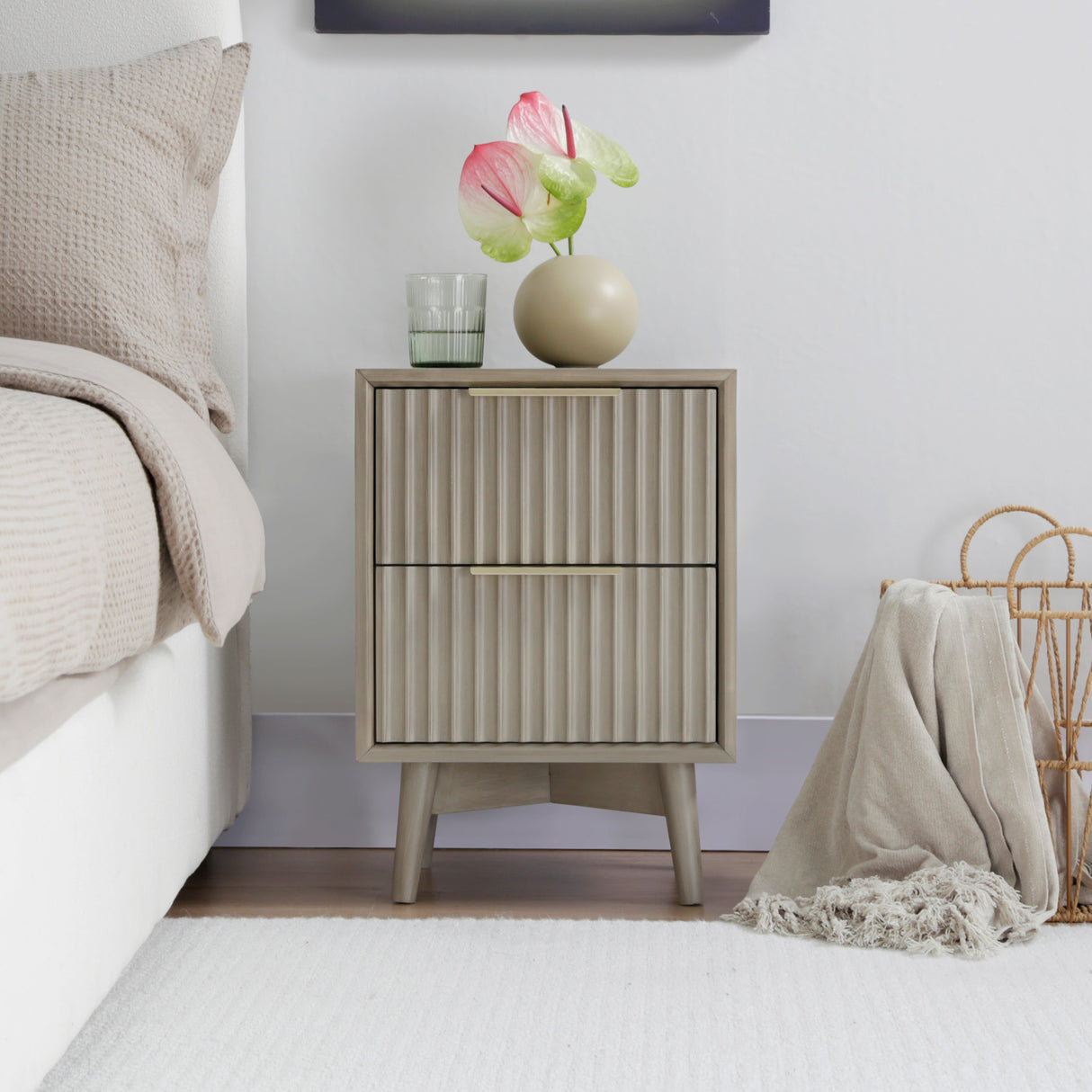 Monza – 2 Drawer Bedside Table with Fluted Front – Black or Pale Ash