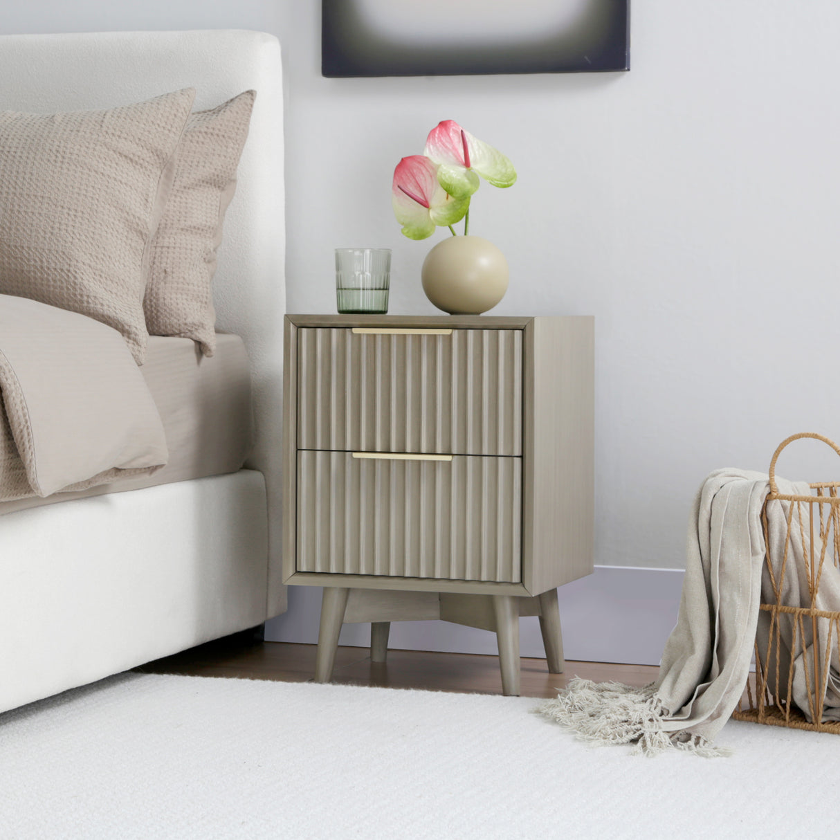 Monza – 2 Drawer Bedside Table with Fluted Front – Black or Pale Ash