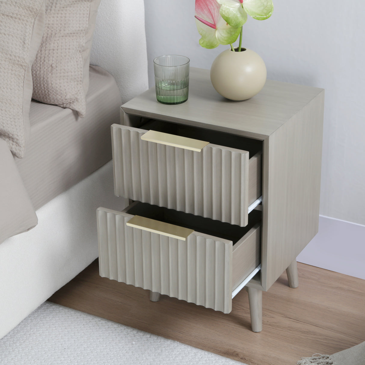 Monza – 2 Drawer Bedside Table with Fluted Front – Black or Pale Ash