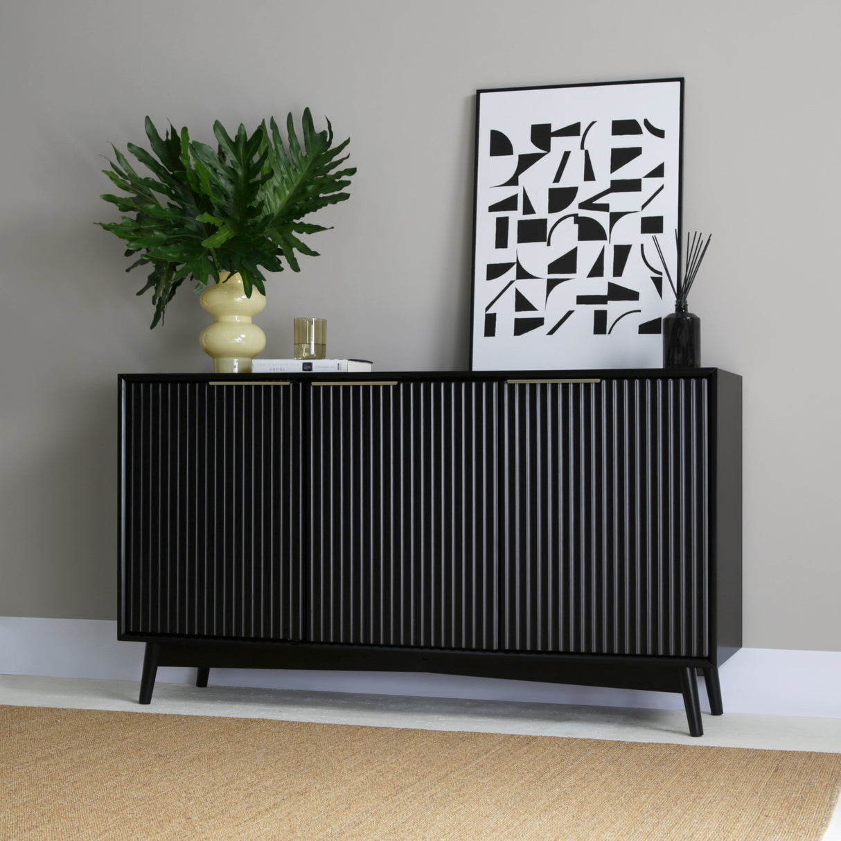 Monza – 3 Door Sideboard with Fluted Detailing – Black or Pale Ash