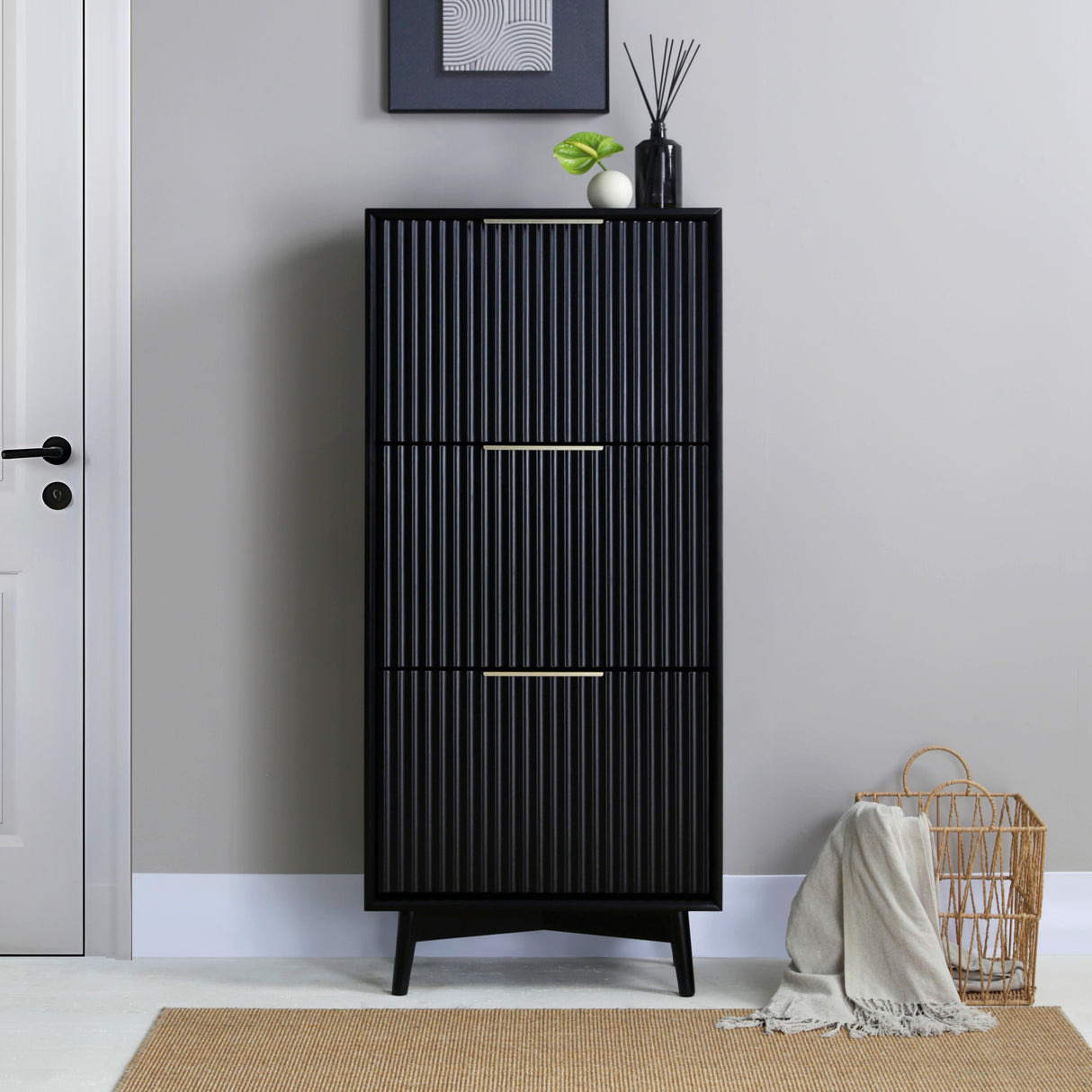 Monza – Shoe Storage Cabinet with Fluted Doors – Black or Pale Ash
