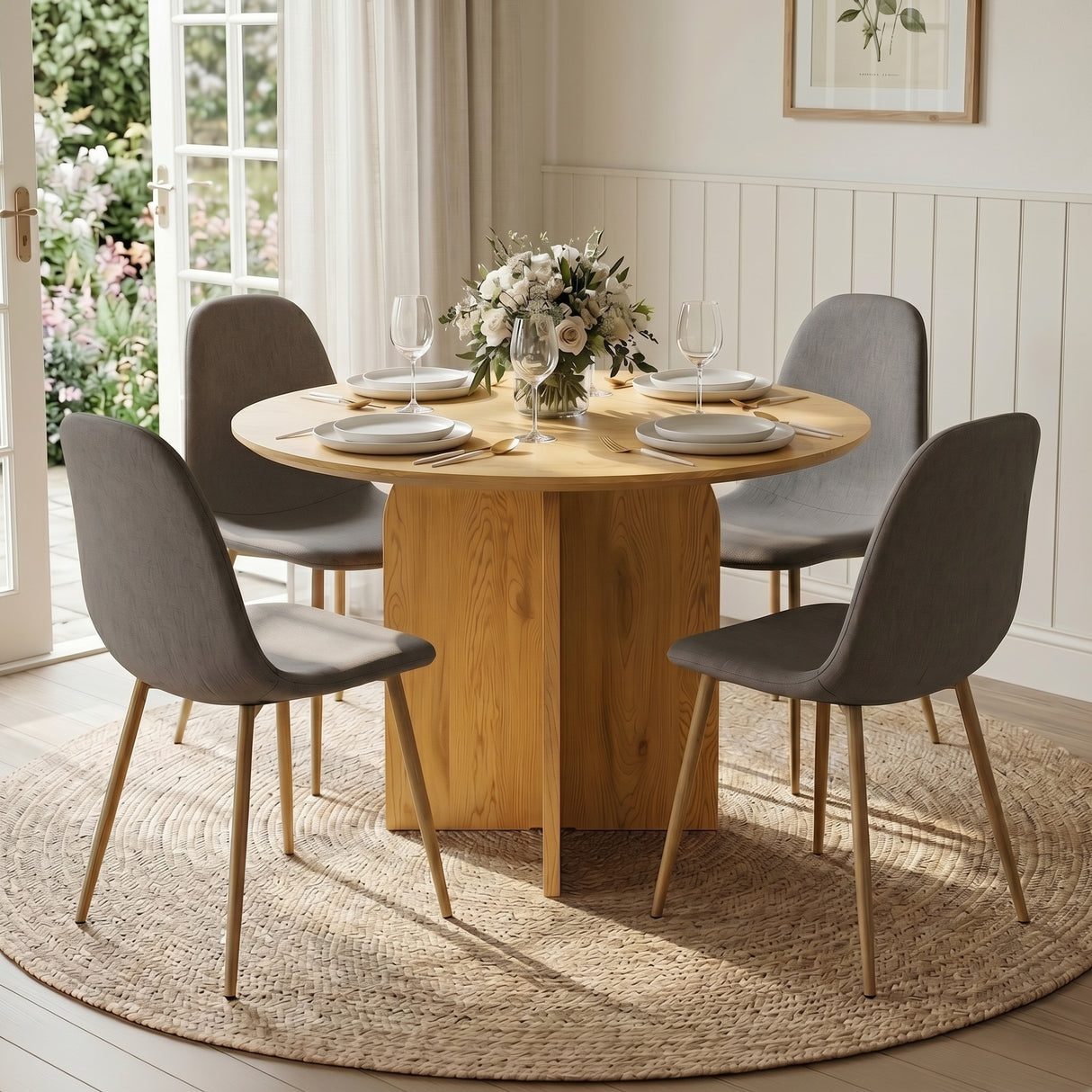 NYX Round Dining Set – Wood-Effect Table with 4 Linen Upholstered Chairs