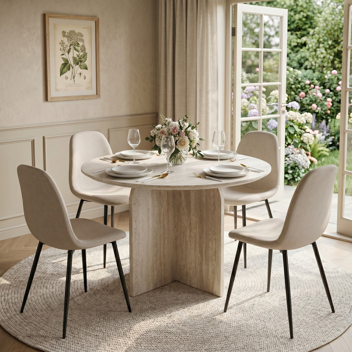 Dining room with a round stone table and chairs, floral arrangement, and garden view.