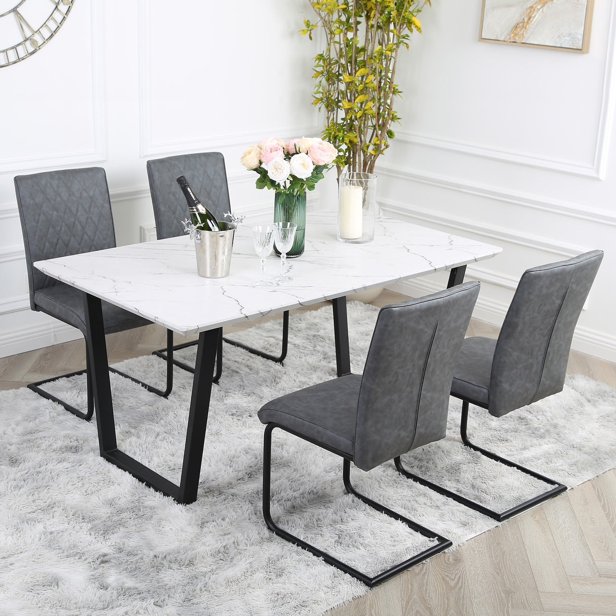 Nestor Dining Set - Marble Table and Industrial Chairs