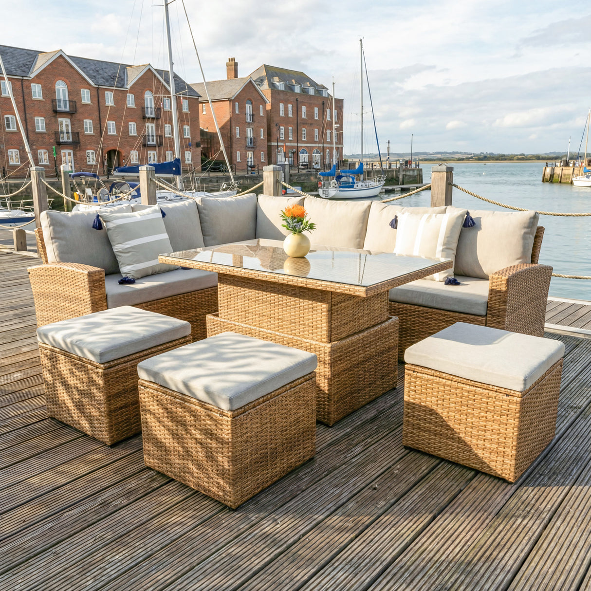 Pelias Rattan Garden Corner 8 Seater Outdoor Sofa Dining Set with Rising Table - Natural/Brown
