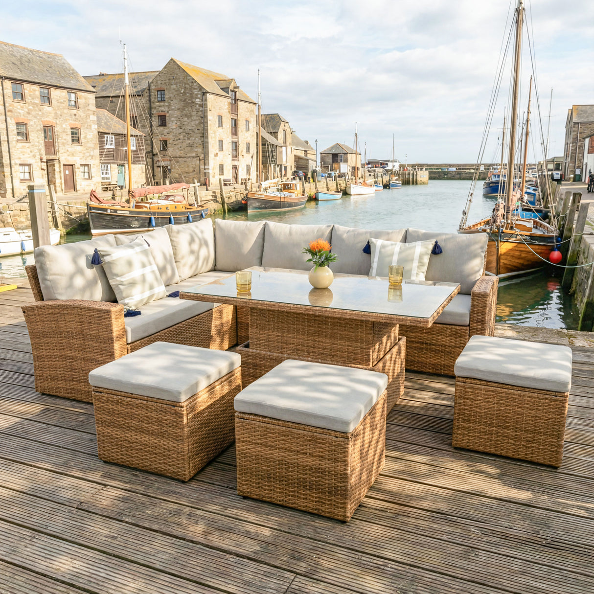 Pelias Rattan Garden Corner 8 Seater Outdoor Sofa Dining Set with Rising Table - Natural/Brown