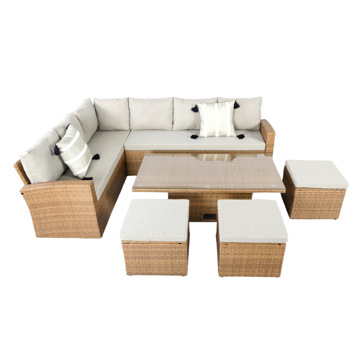 Pelias Rattan Garden Corner 8 Seater Outdoor Sofa Dining Set with Rising Table - Natural/Brown