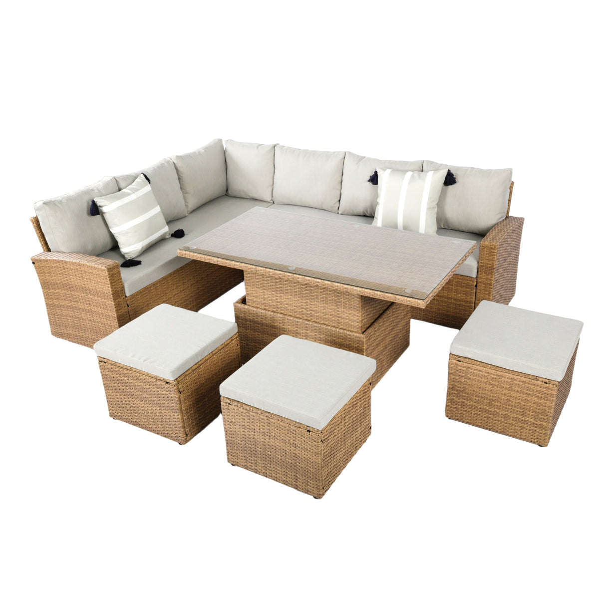 Pelias Rattan Garden Corner 8 Seater Outdoor Sofa Dining Set with Rising Table - Natural/Brown