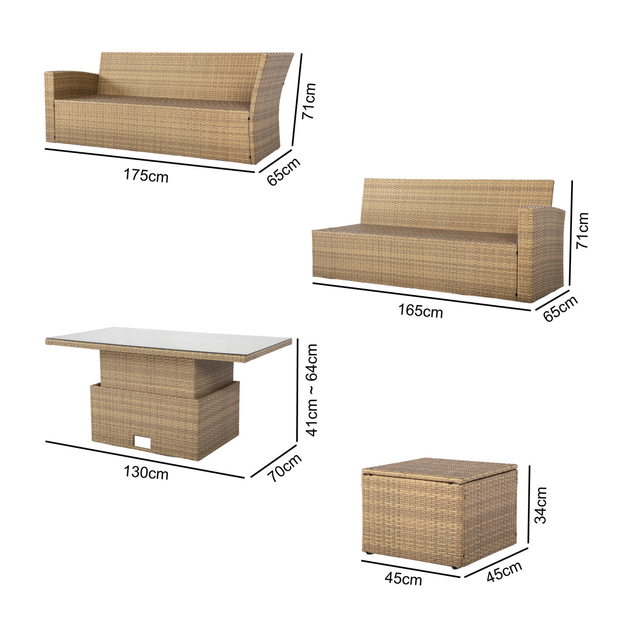 Dimensions of outdoor furniture set including two sofas, a table, and a storage box.