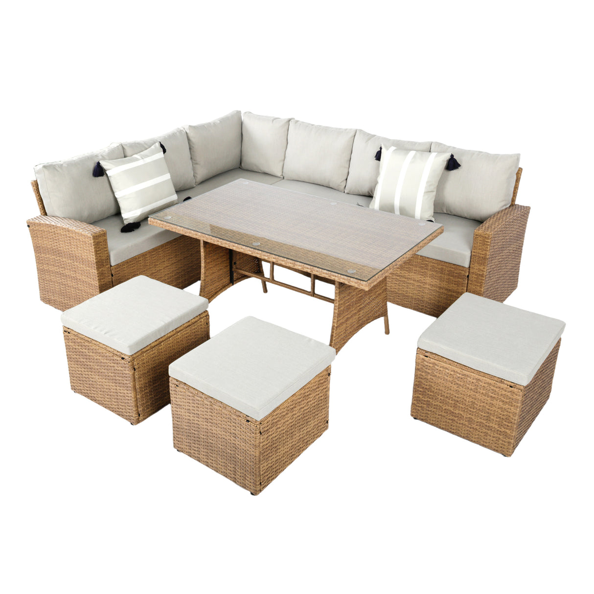 Pelias Rattan Garden Corner 8 Seater Outdoor Sofa Dining Set - Natural/Brown