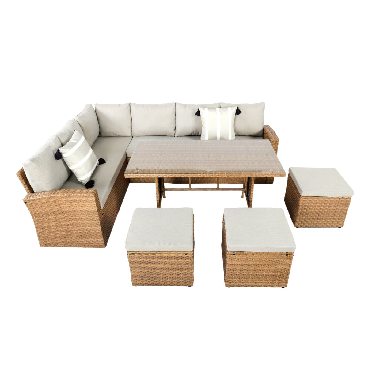 Pelias Rattan Garden Corner 8 Seater Outdoor Sofa Dining Set - Natural/Brown