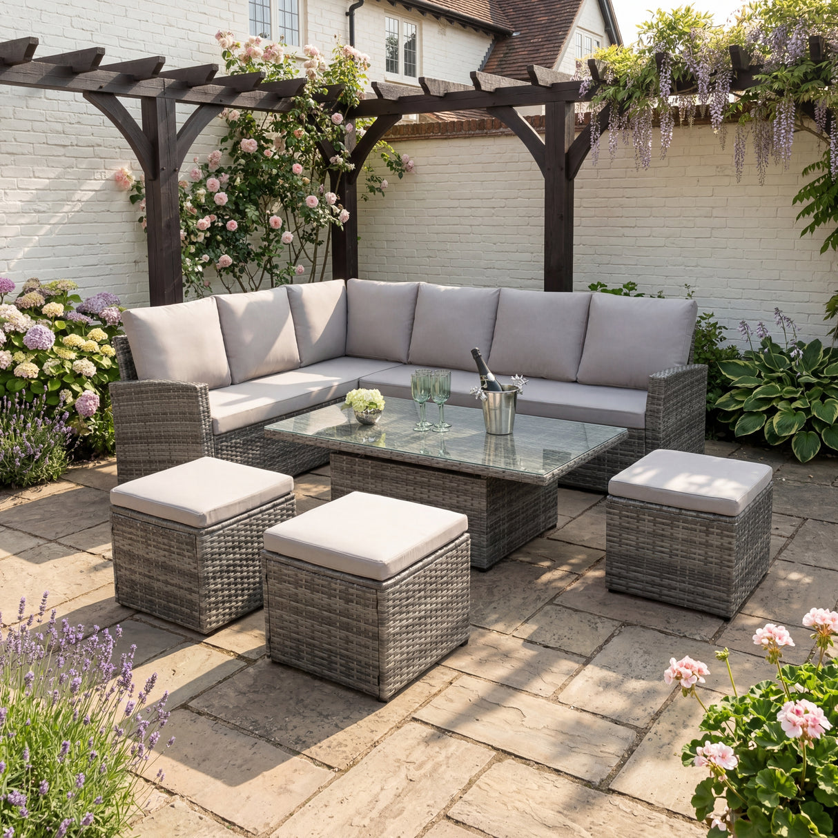 Pelias - Rattan Corner Sofa Set with Rising Table - 8 Seats