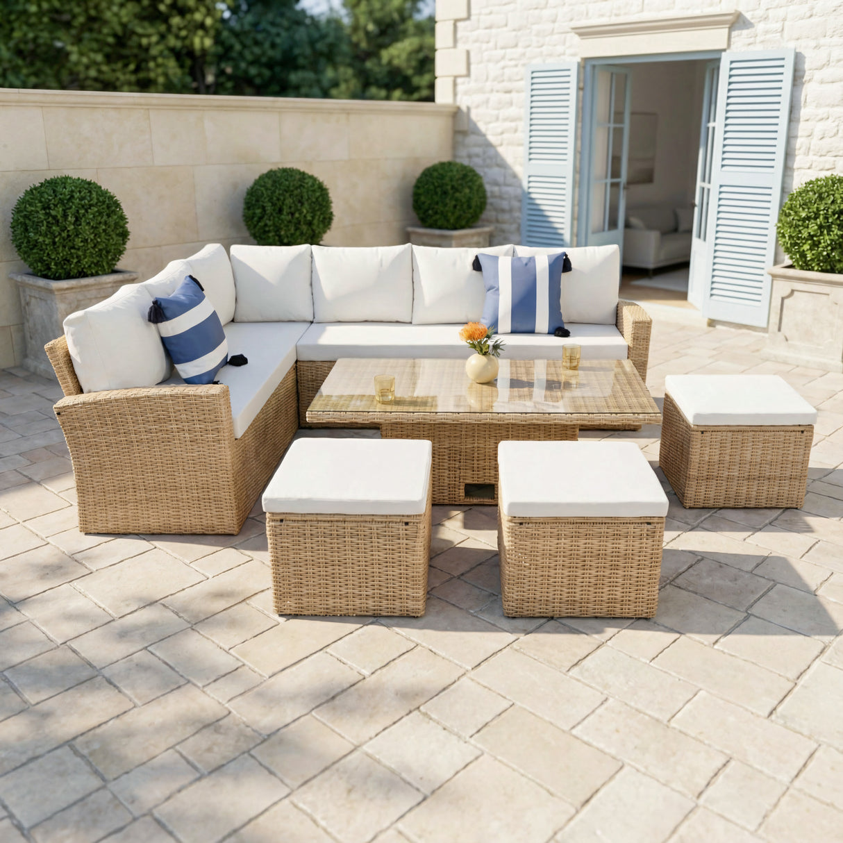 Pelias Rattan Garden Corner 8 Seater Outdoor Sofa Dining Set with Rising Table - Natural/Brown