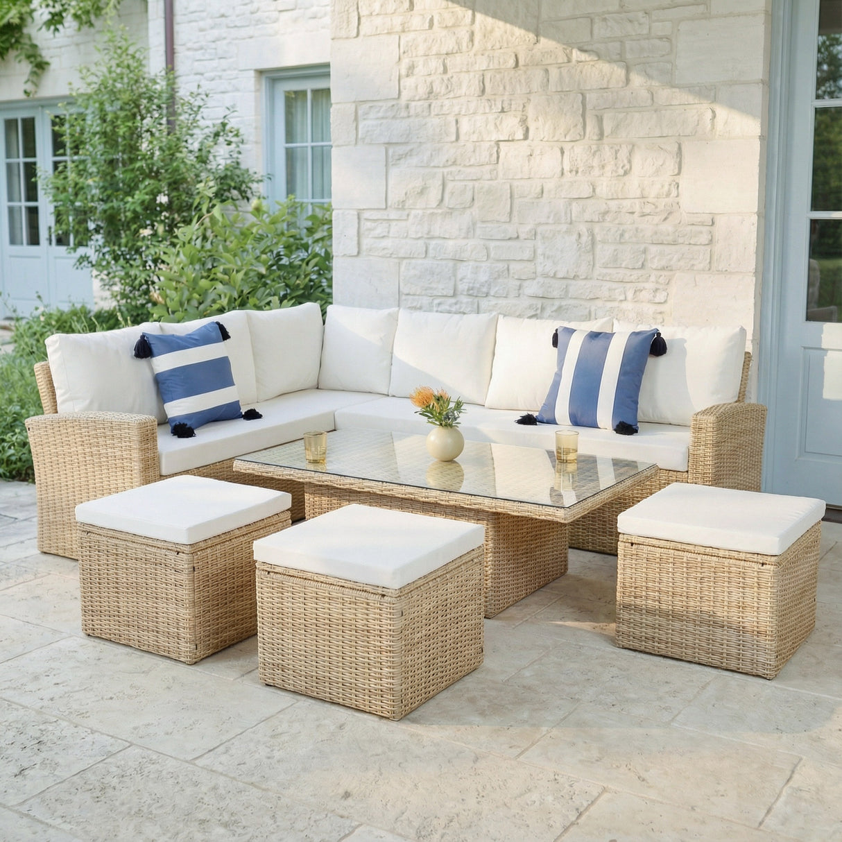 Pelias Rattan Garden Corner 8 Seater Outdoor Sofa Dining Set with Rising Table - Natural/Brown